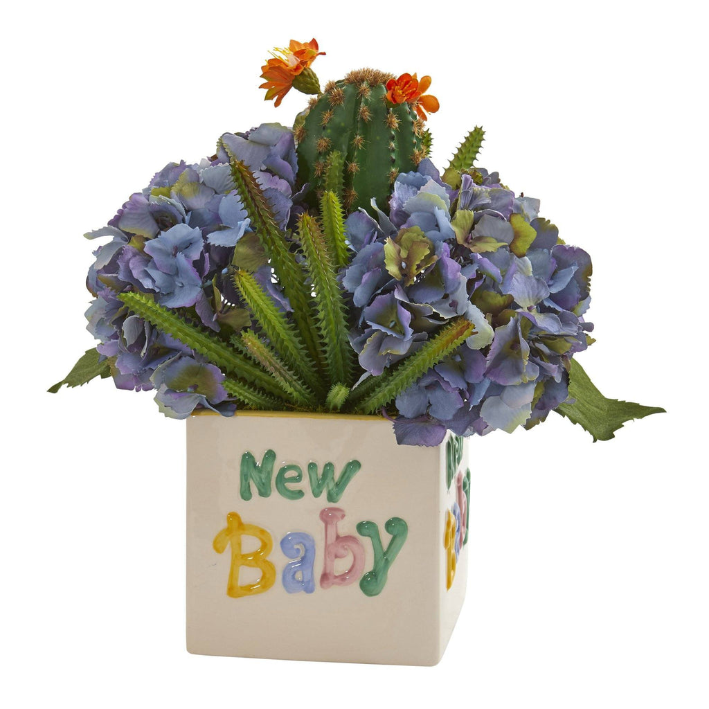 13” Hydrangea and Cactus Artificial Arrangement in “New Baby” Vase