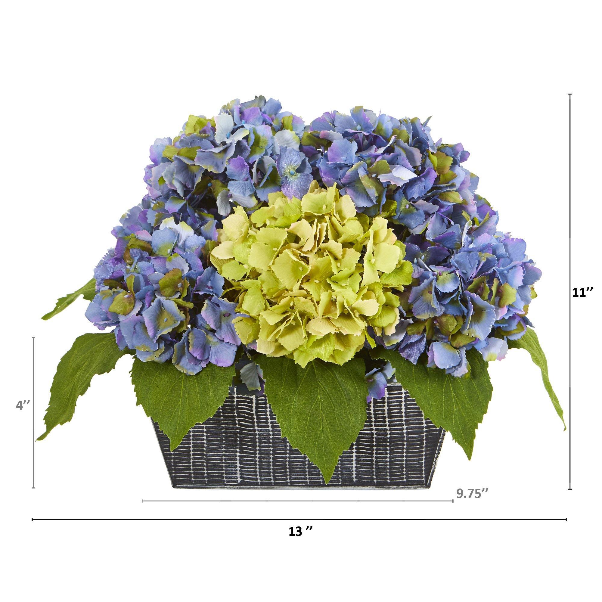 13” Hydrangea Artificial Arrangement in Embossed Tin Vase