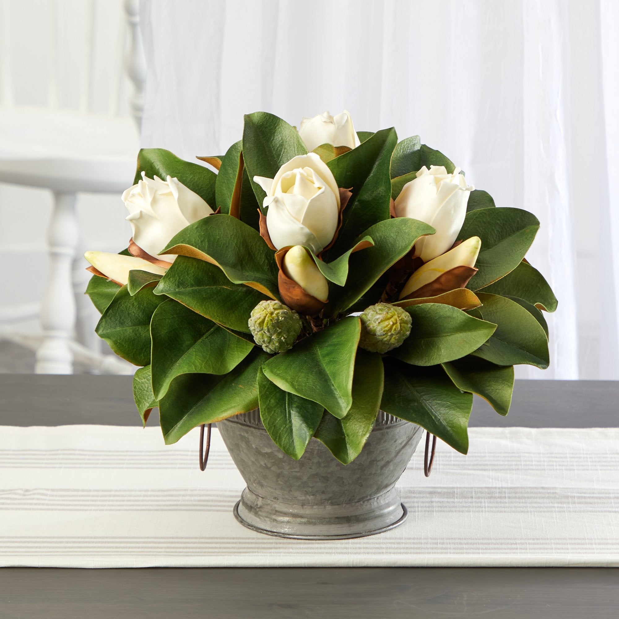 13” Magnolia Artificial Bud Plant in Vintage Bowl with Copper Trimming