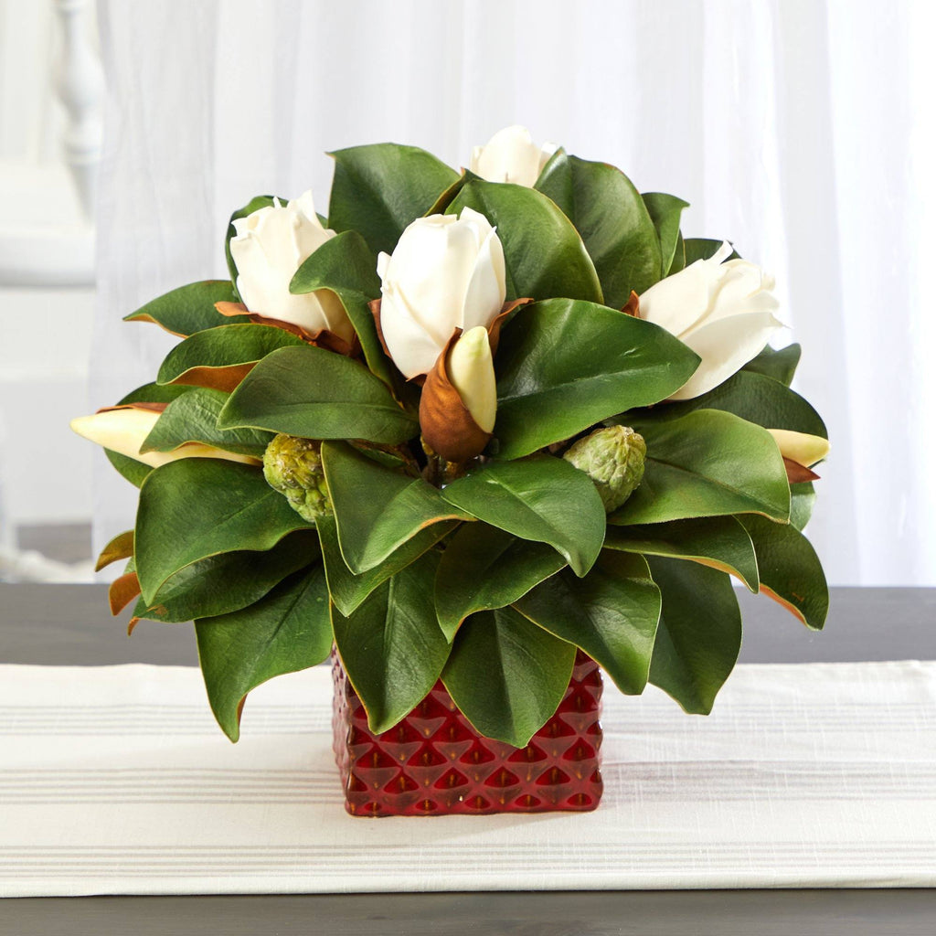 13” Magnolia Bud Artificial Plant in Red Planter