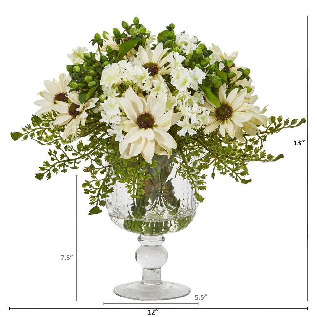 13” Mixed Daisy Artificial Arrangement in Royal Glass Urn
