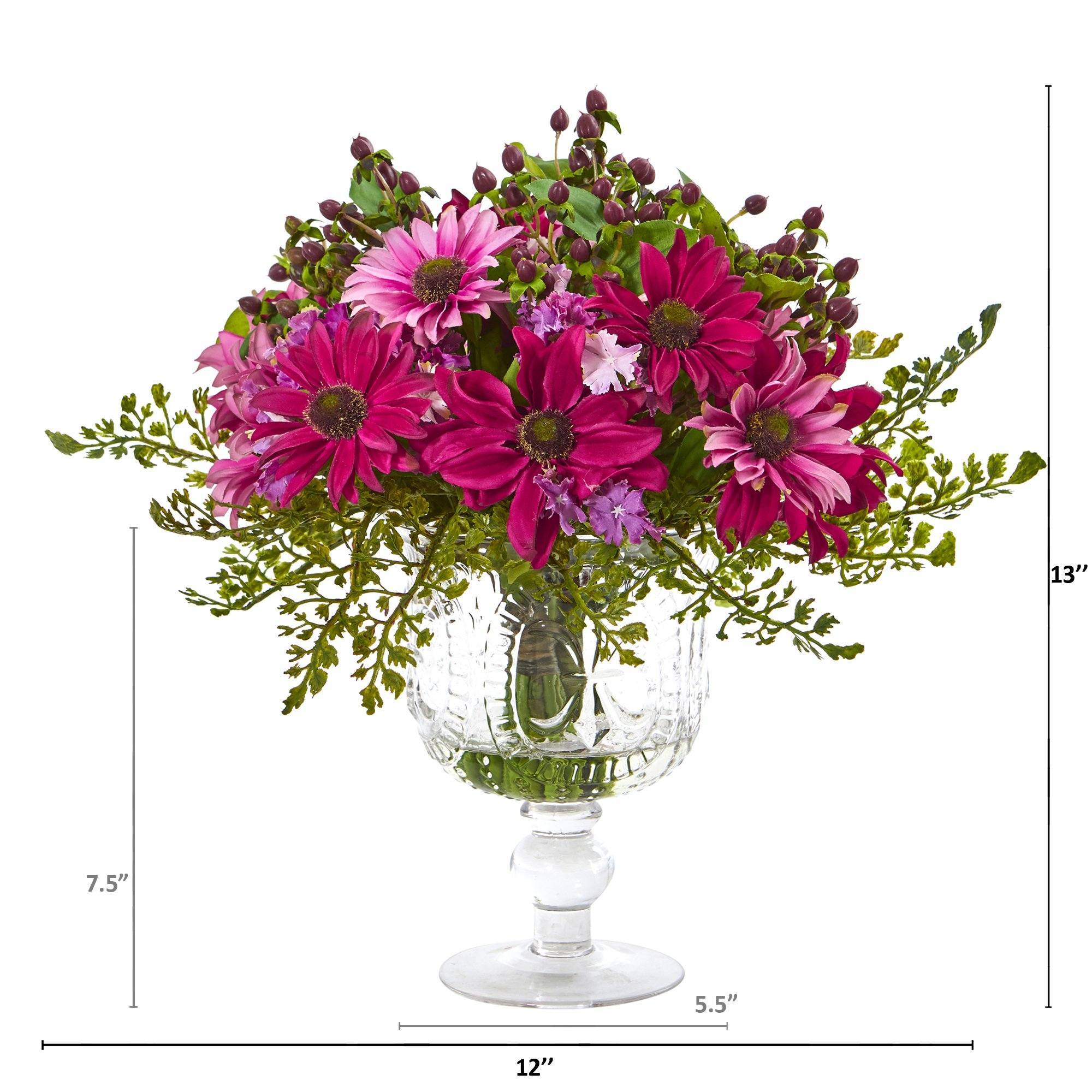 13” Mixed Daisy Artificial Arrangement in Royal Glass Urn