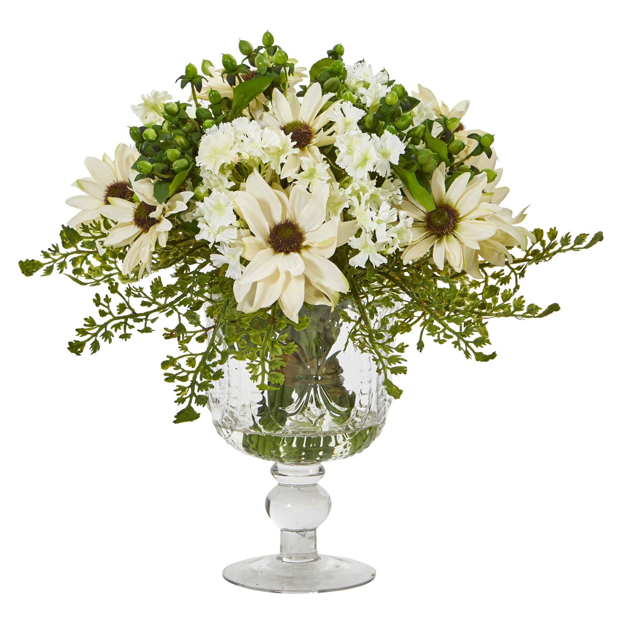 13” Mixed Daisy Artificial Arrangement in Royal Glass Urn