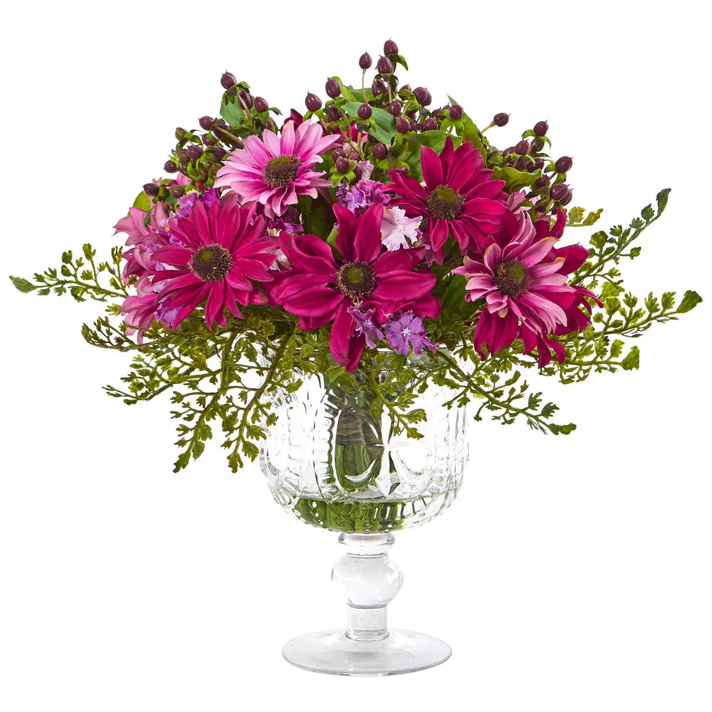13” Mixed Daisy Artificial Arrangement in Royal Glass Urn