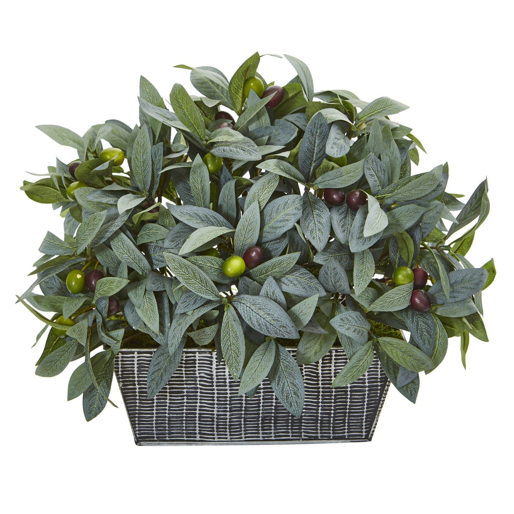 13” Olive with Berries Artificial Plant in Embossed Tin Planter