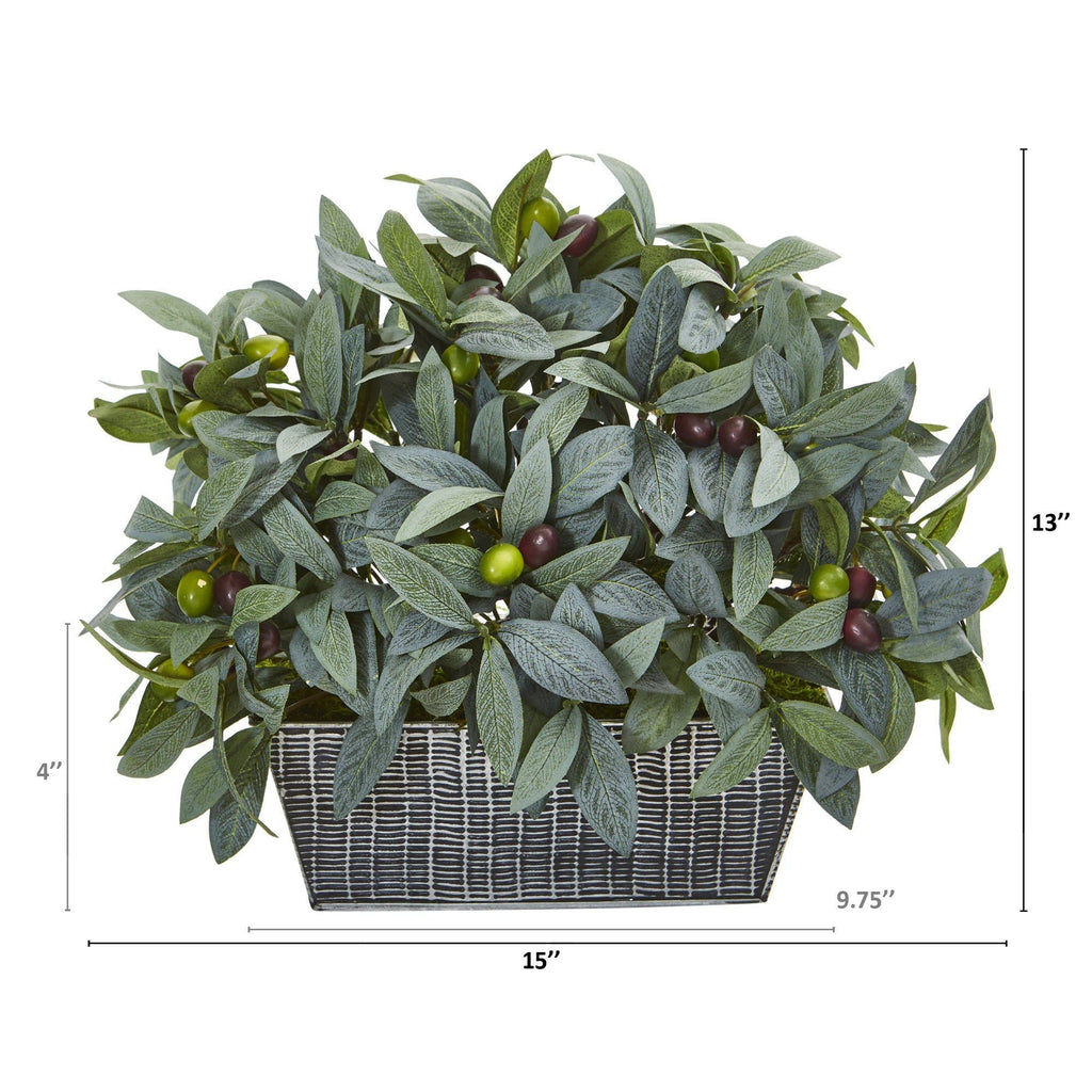 13” Olive with Berries Artificial Plant in Embossed Tin Planter