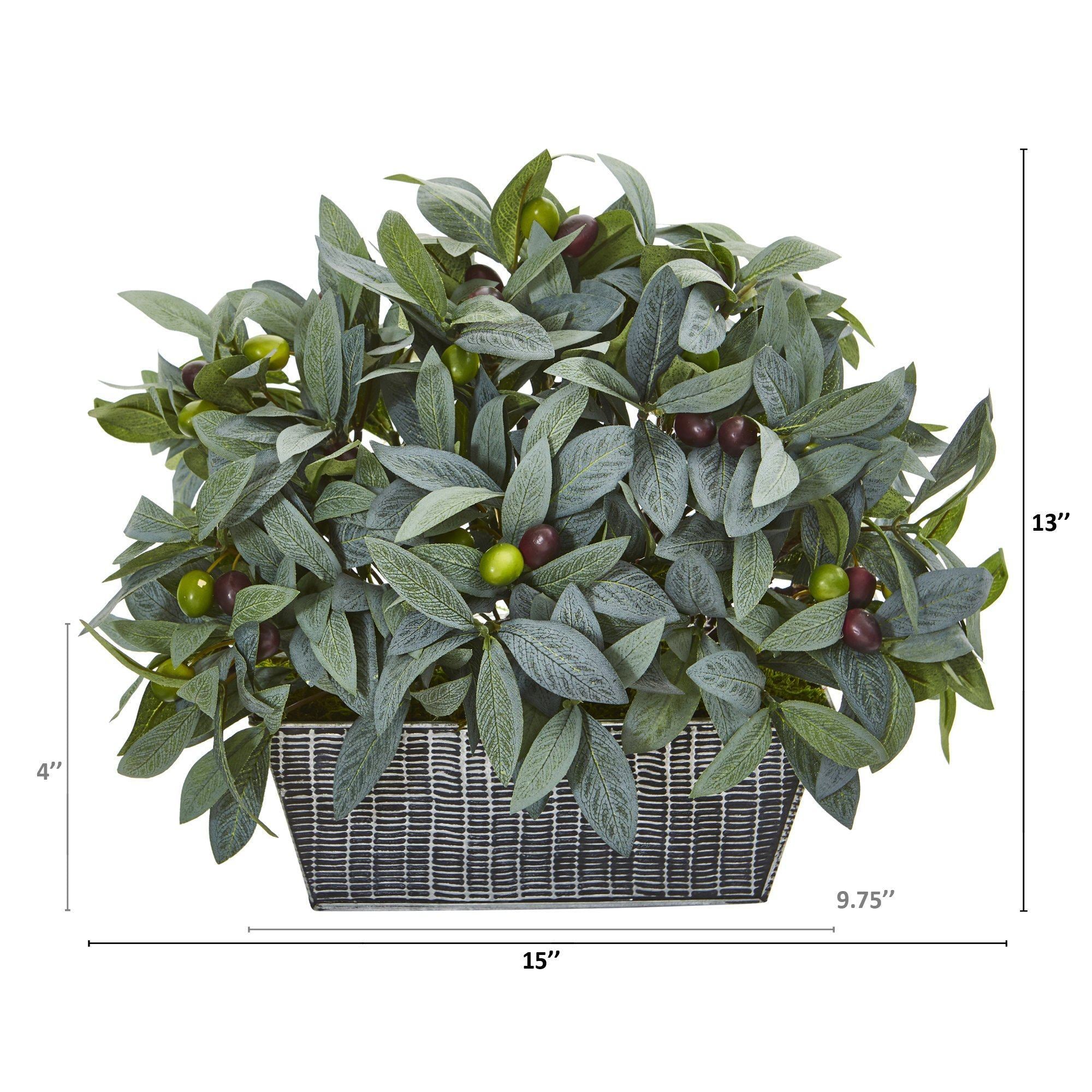 13” Olive with Berries Artificial Plant in Embossed Tin Planter