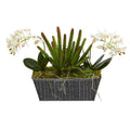 13” Orchid Phalaenopsis and Succulent Artificial Arrangement in Embossed Tin Vase