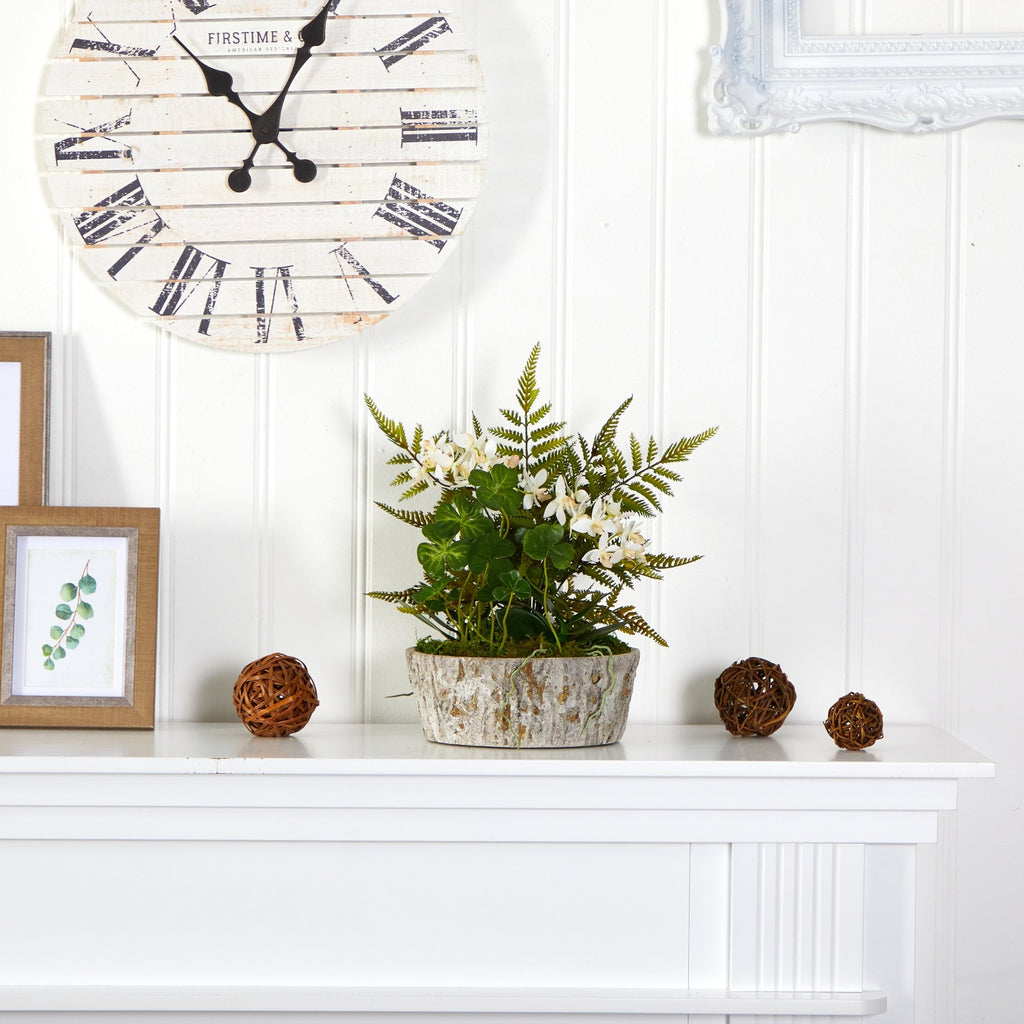 13” Orchid Phalaenopsis, Clover and Fern Artificial Plant in Weathered Oak Planter