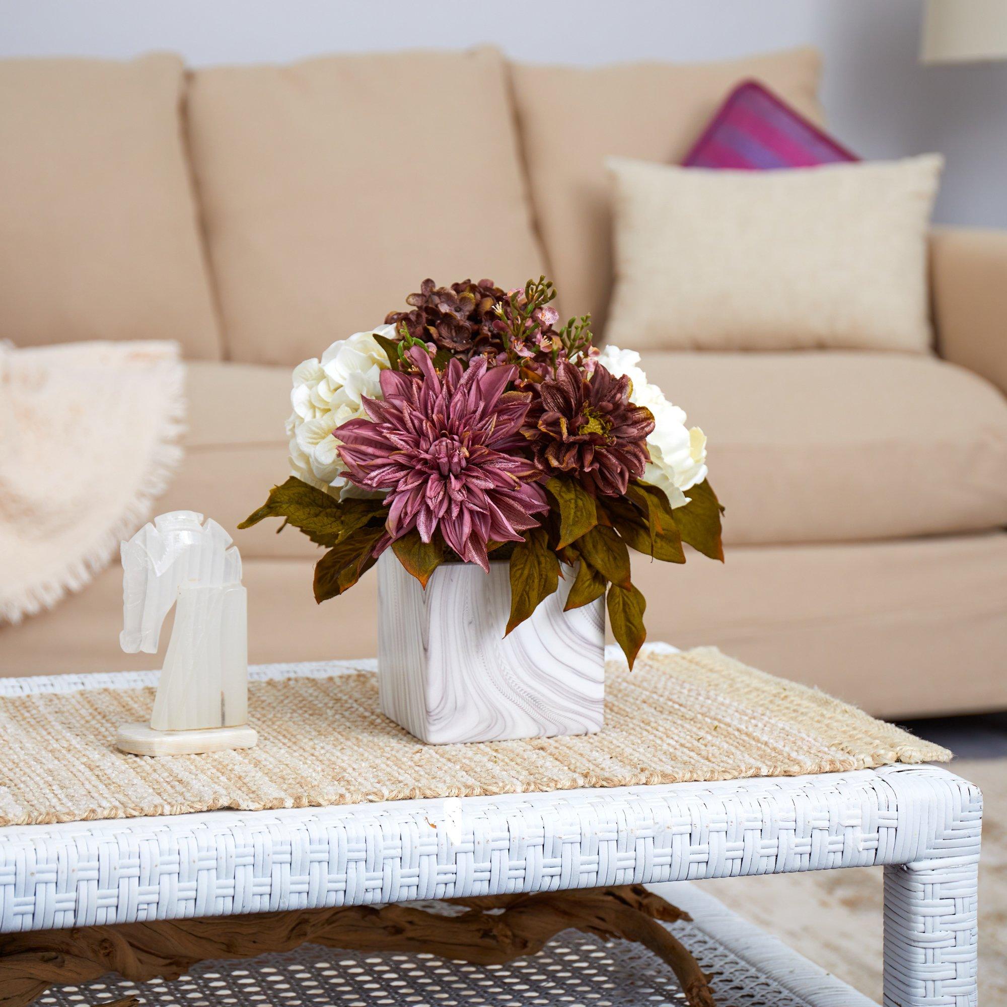 13” Peony, Hydrangea and Dahlia Artificial Arrangement in Marble Finished Vase