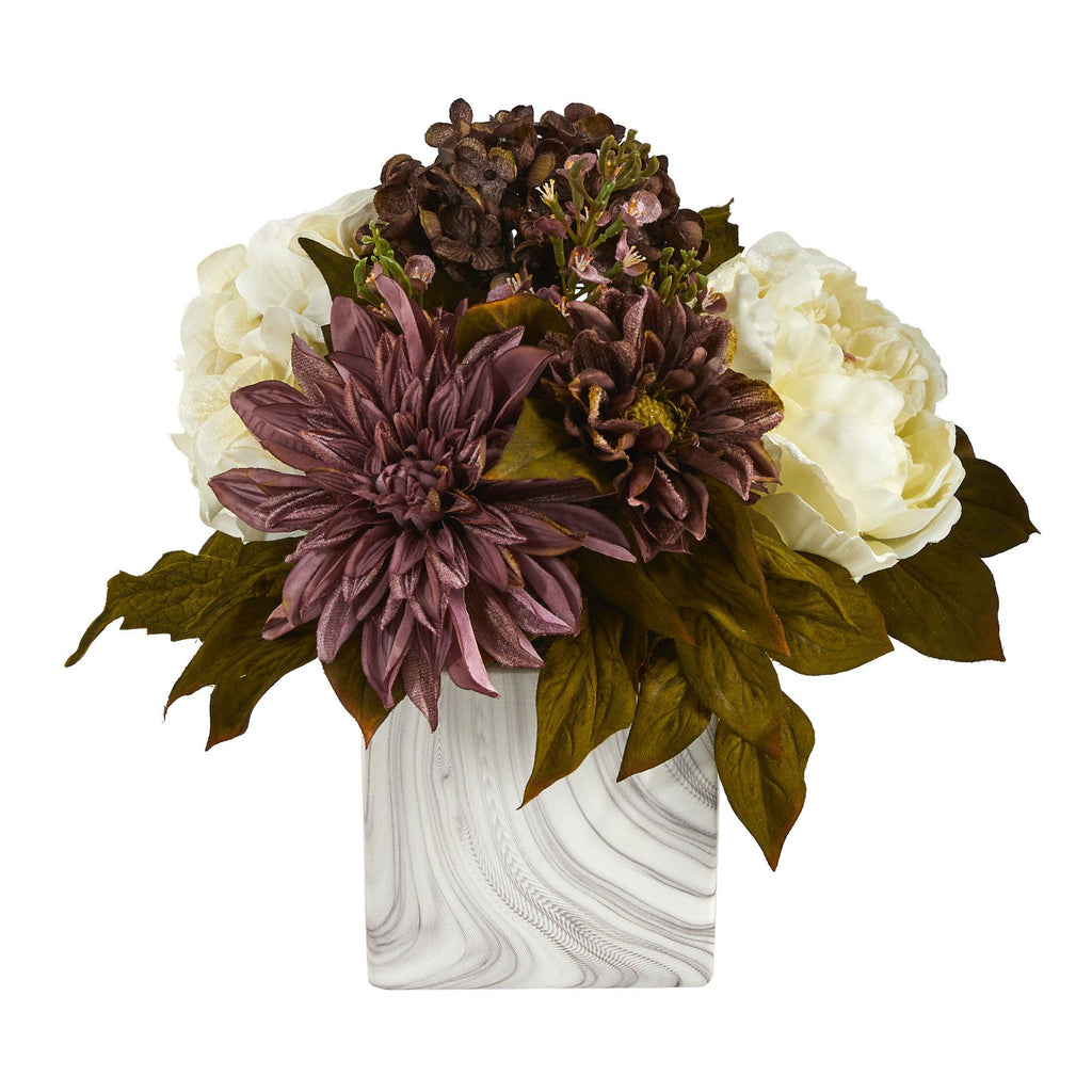 13” Peony, Hydrangea and Dahlia Artificial Arrangement in Marble Finished Vase