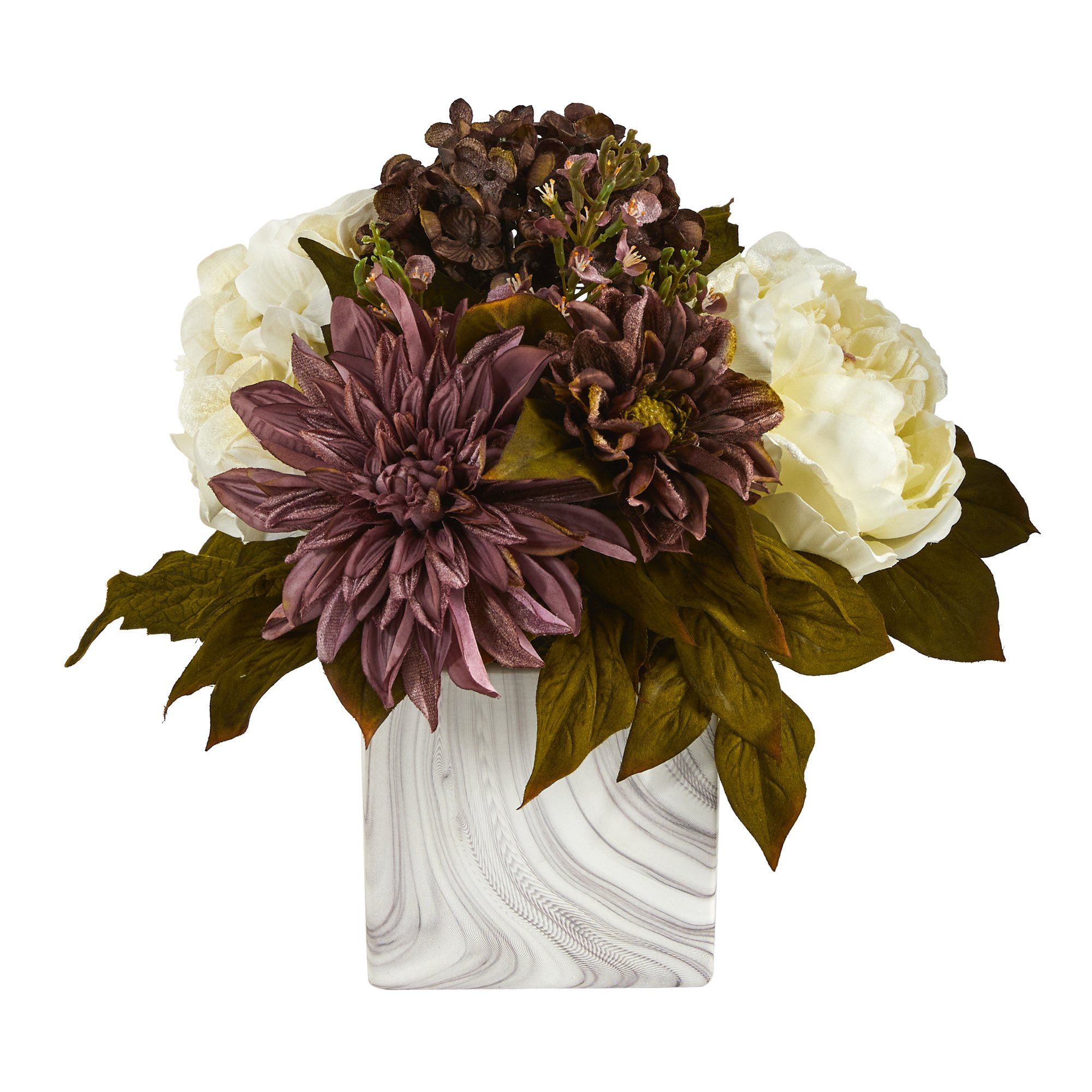 13” Peony, Hydrangea and Dahlia Artificial Arrangement in Marble Finished Vase