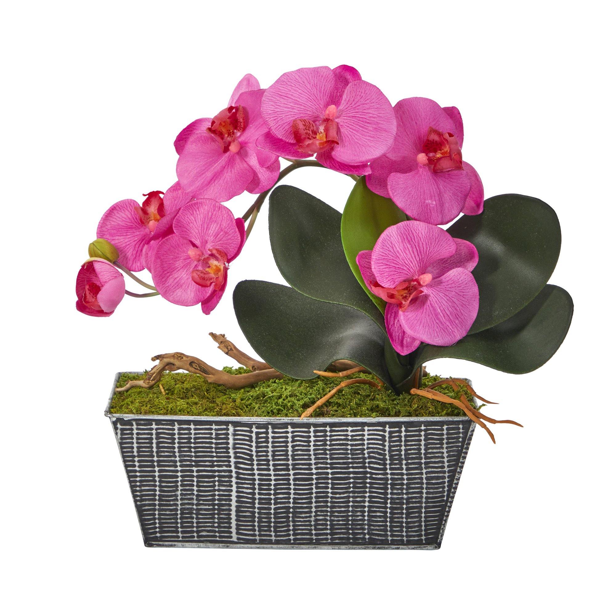 13” Phalaenopsis Orchid Artificial Arrangement in Embossed Tin Vase
