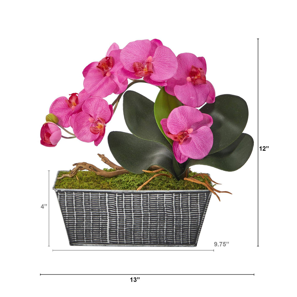 13” Phalaenopsis Orchid Artificial Arrangement in Embossed Tin Vase