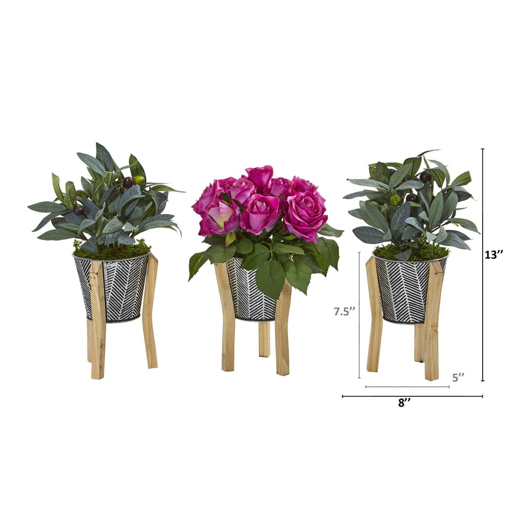 13” Rose and Olive in Tin Vase with Legs (Set of 3)