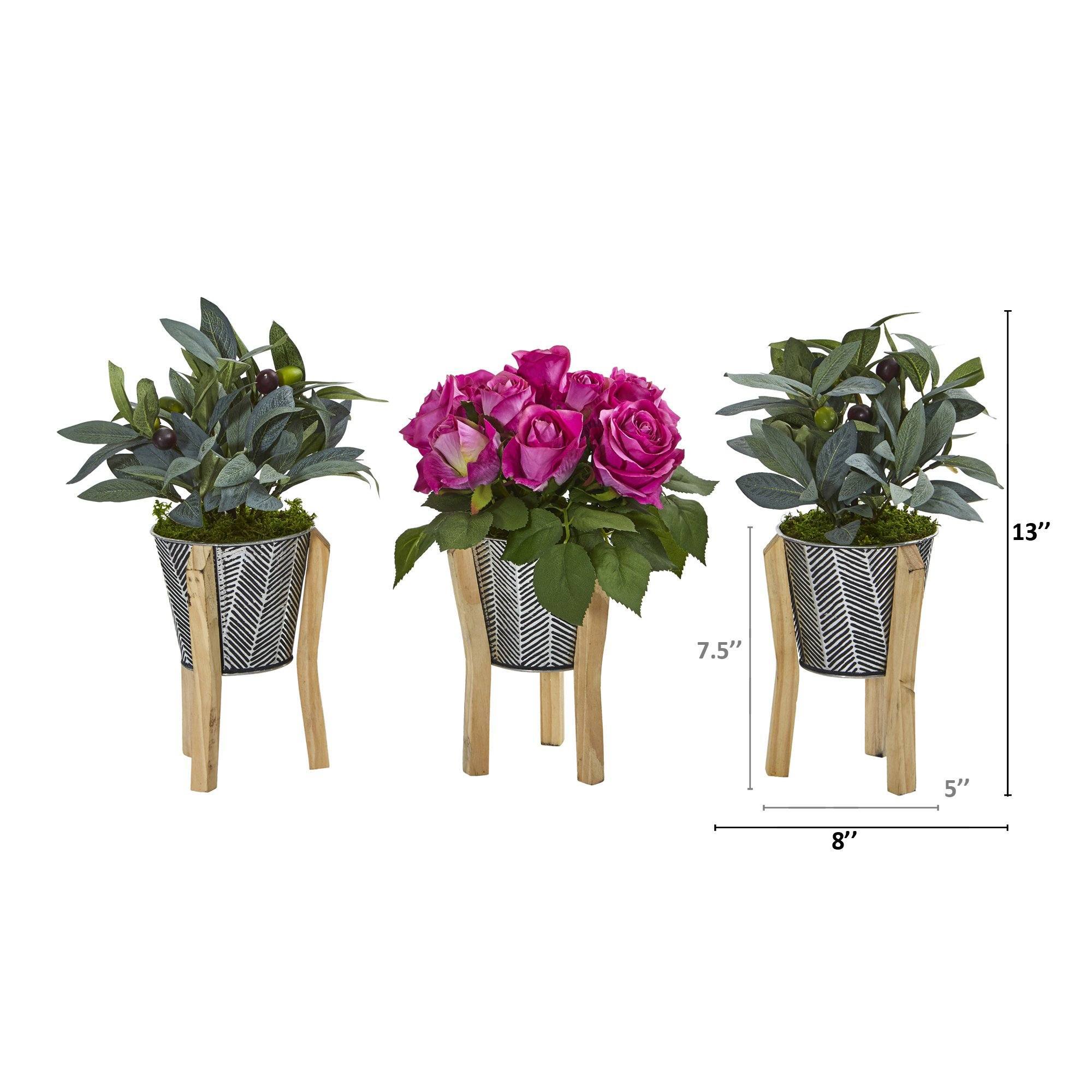 13” Rose and Olive in Tin Vase with Legs (Set of 3)