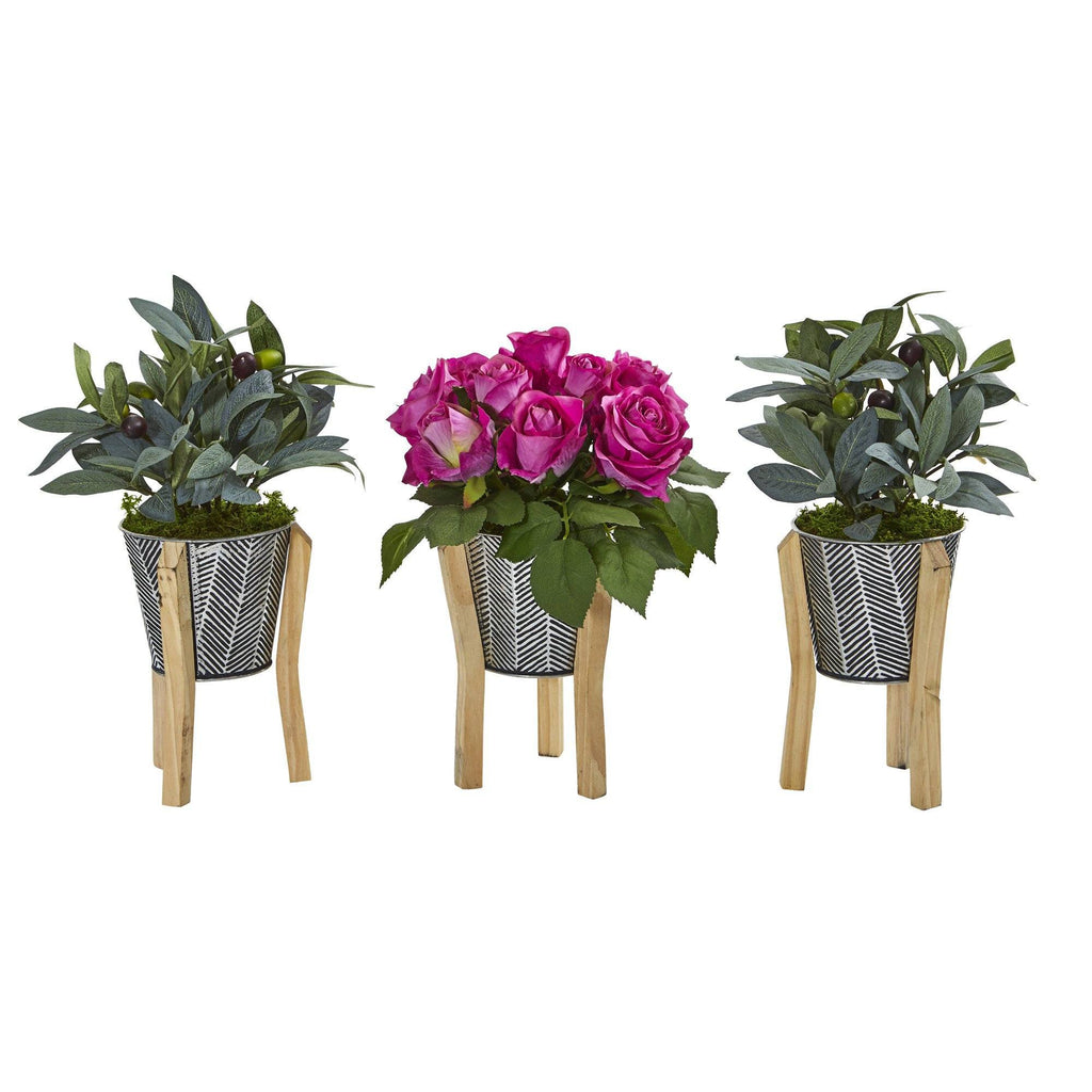 13” Rose and Olive in Tin Vase with Legs (Set of 3)