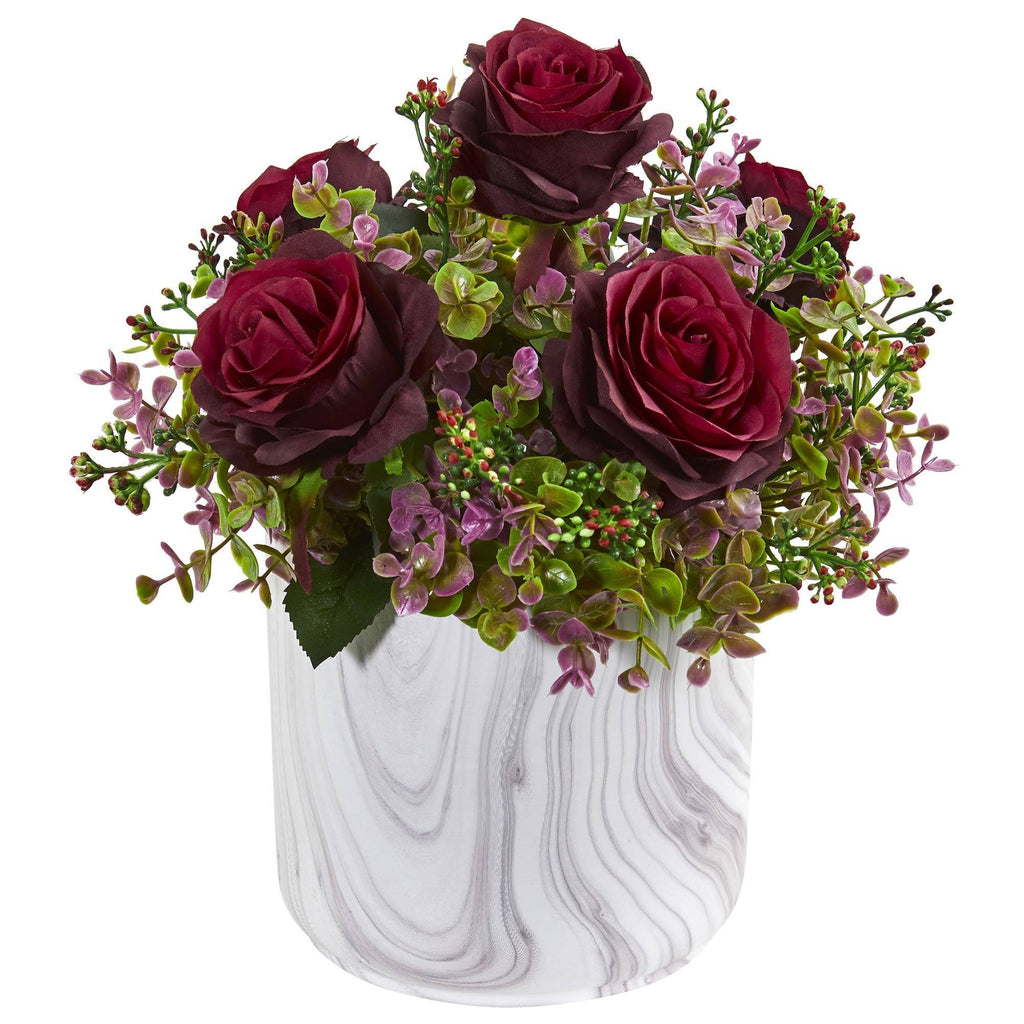 13” Roses & Eucalyptus Artificial Arrangement in Marble Finished Vase