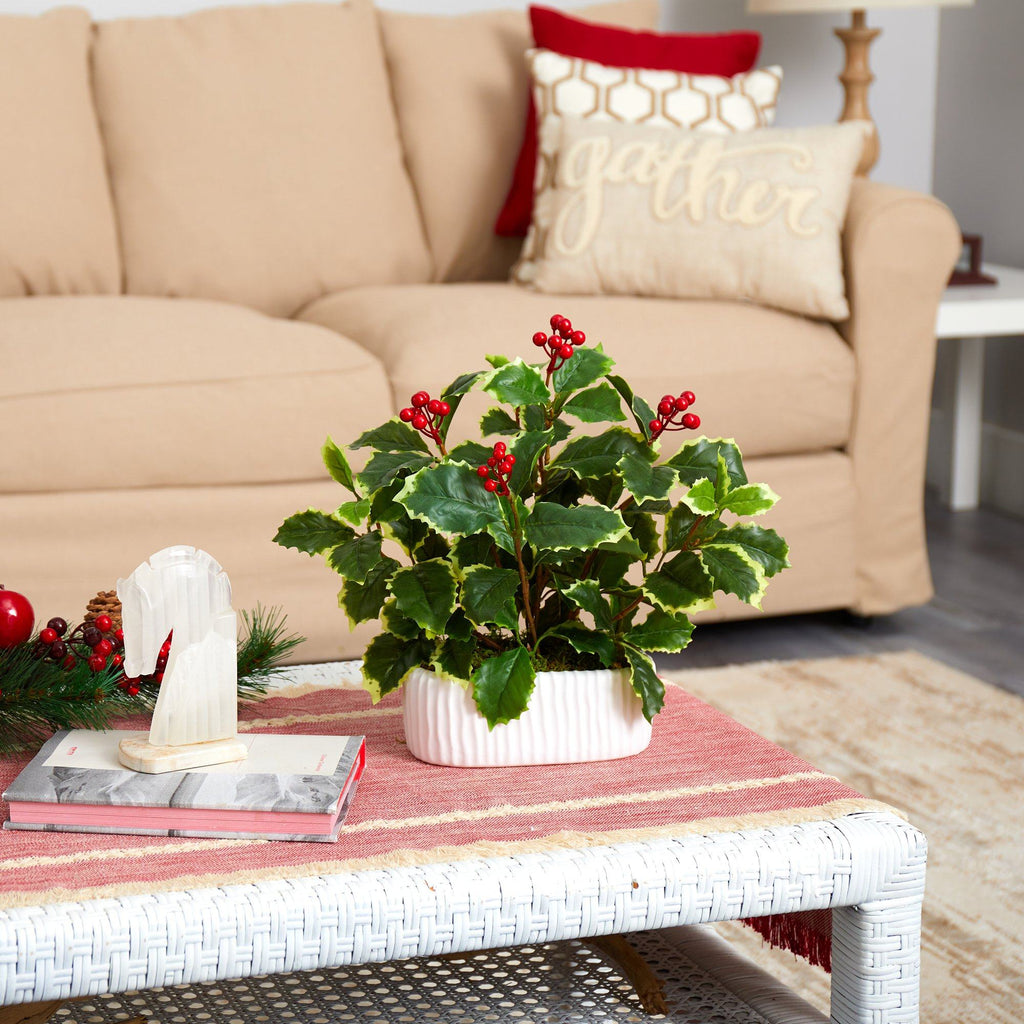 13” Variegated Holly Leaf Artificial Plant in White Planter (Real Touch)