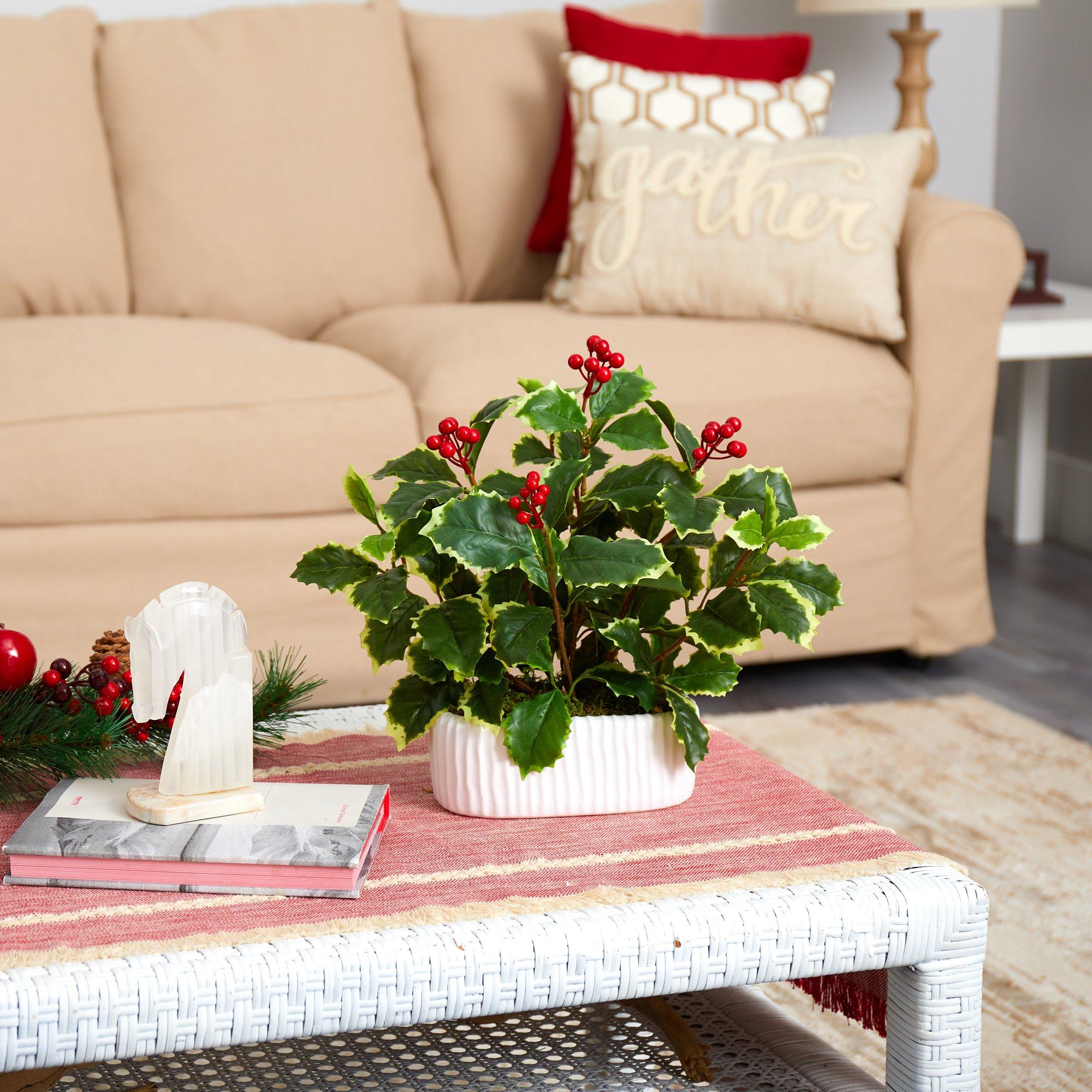 13” Variegated Holly Leaf Artificial Plant in White Planter (Real Touch)