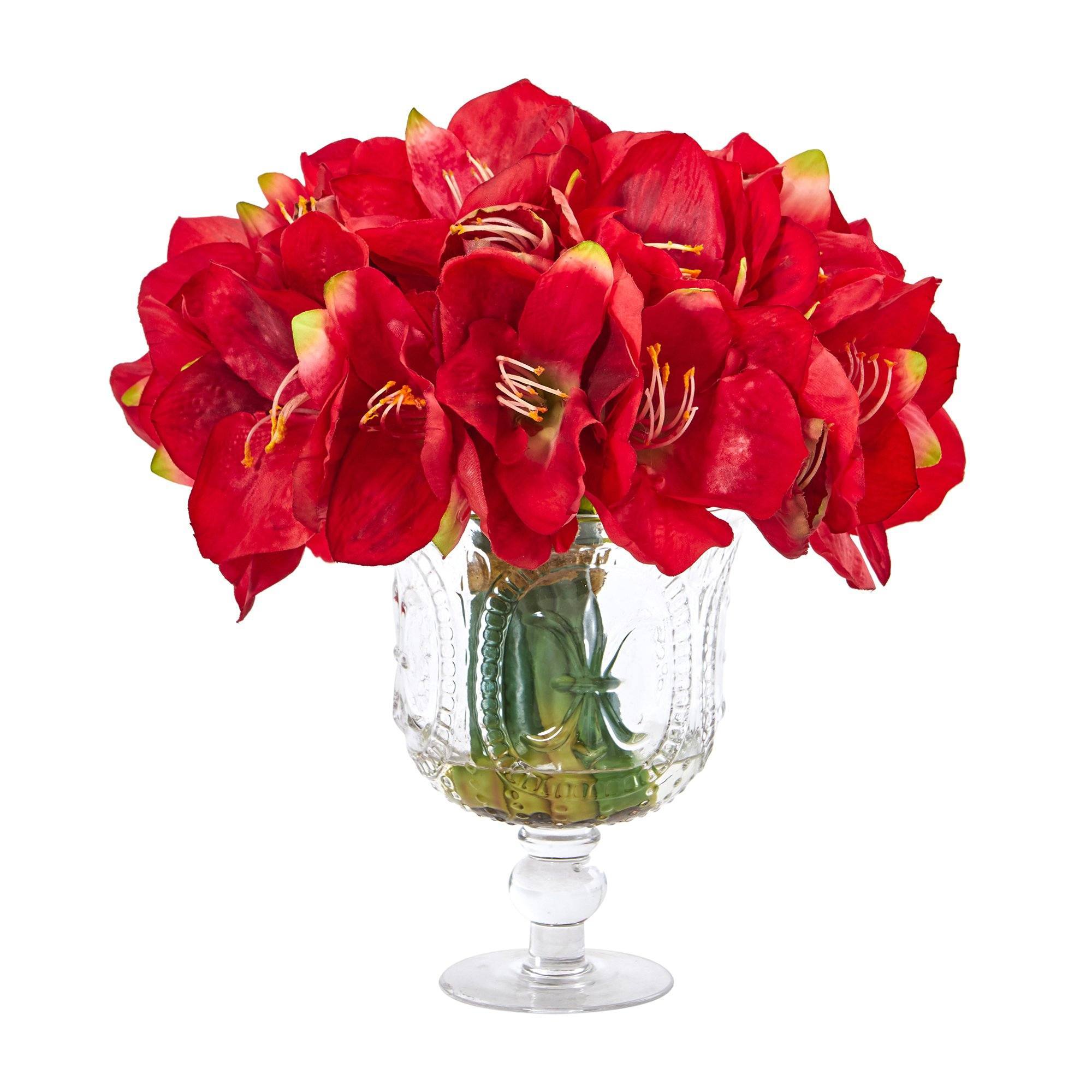14” Amaryllis Bouquet Artificial Arrangement in Royal Vase