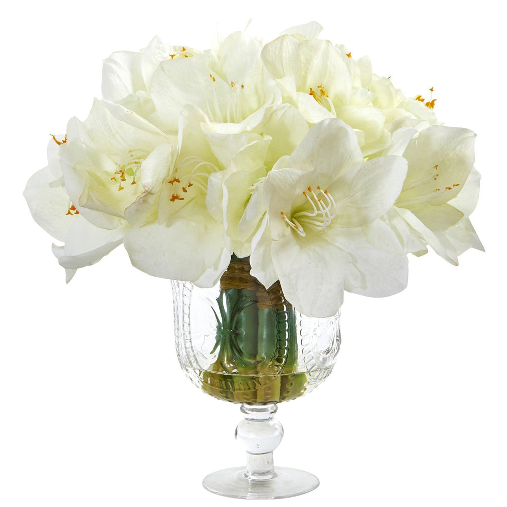 14” Amaryllis Bouquet Artificial Arrangement in Royal Vase