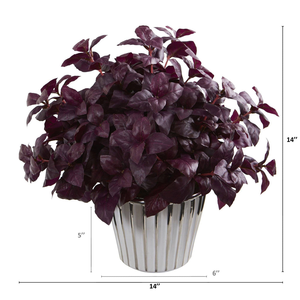 14” Basil Artificial Plant in White Planter with Silver Trimming