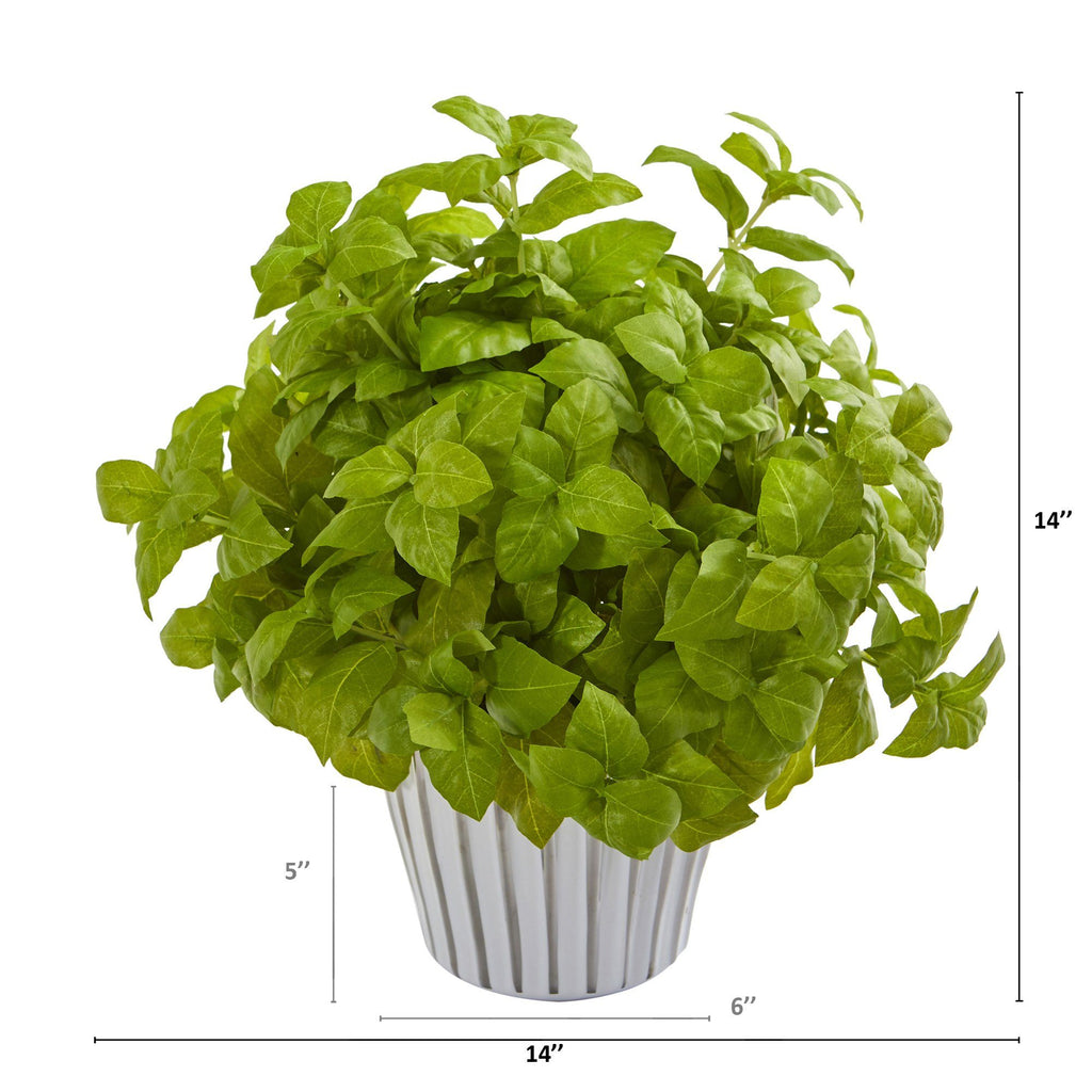14” Basil Artificial Plant in White Planter with Silver Trimming