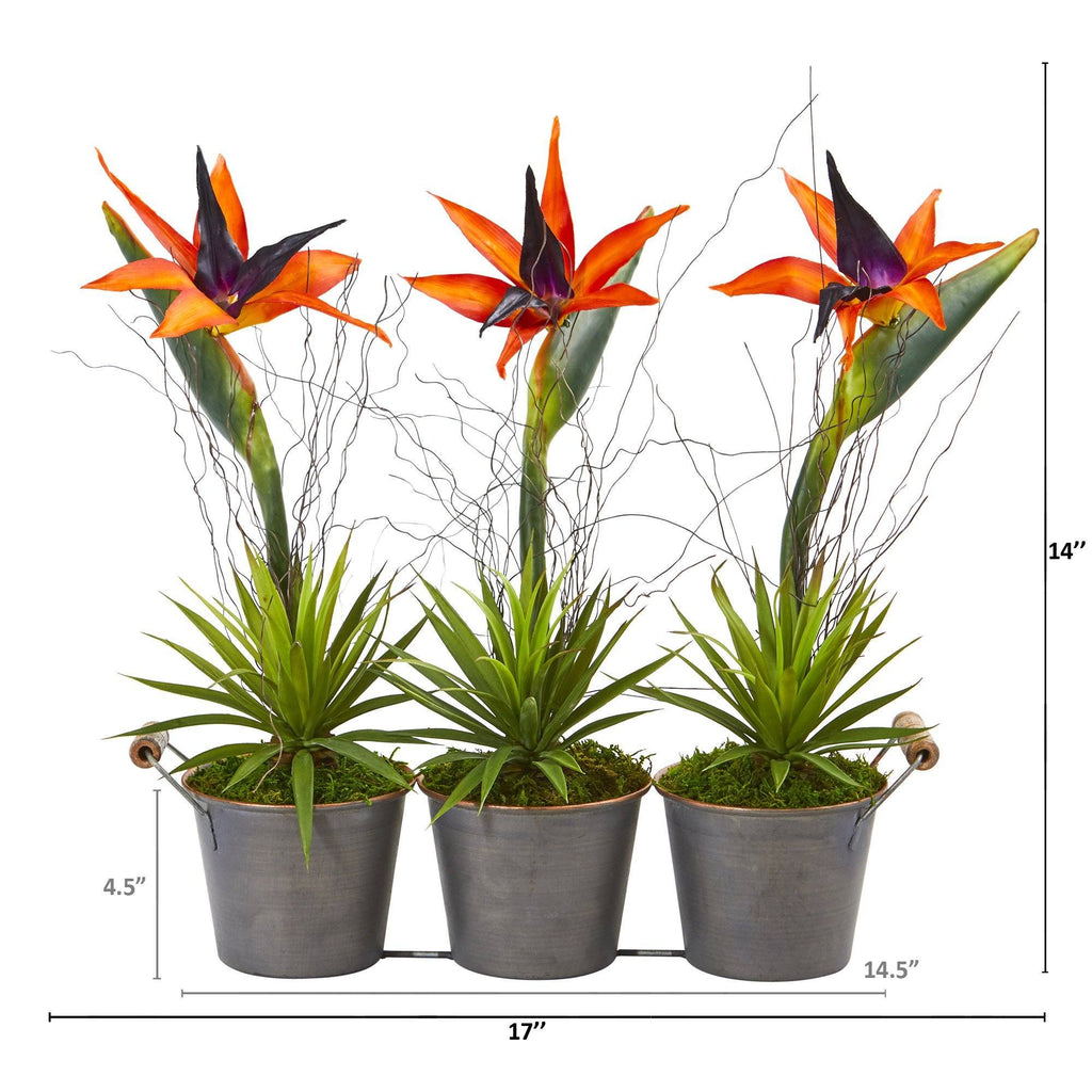 14” Bird of Paradise and Succulent Artificial Arrangement in Trio Metal Planter