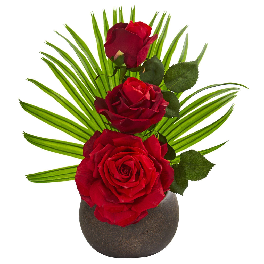14” Elegant Rose Artificial Arrangement in Stone Brown Vase