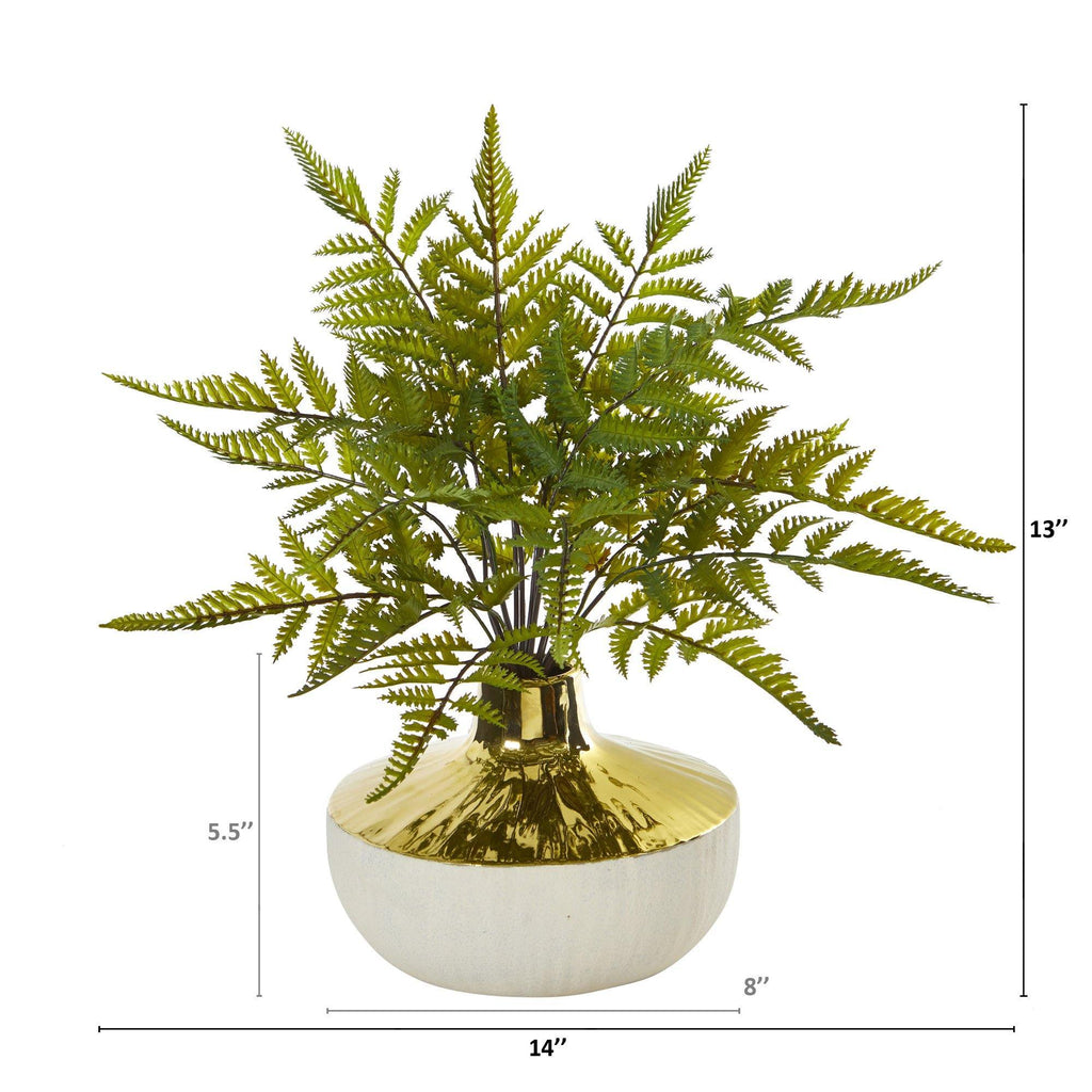14” Fern Artificial Plant in Gold and Cream Elegant Vase