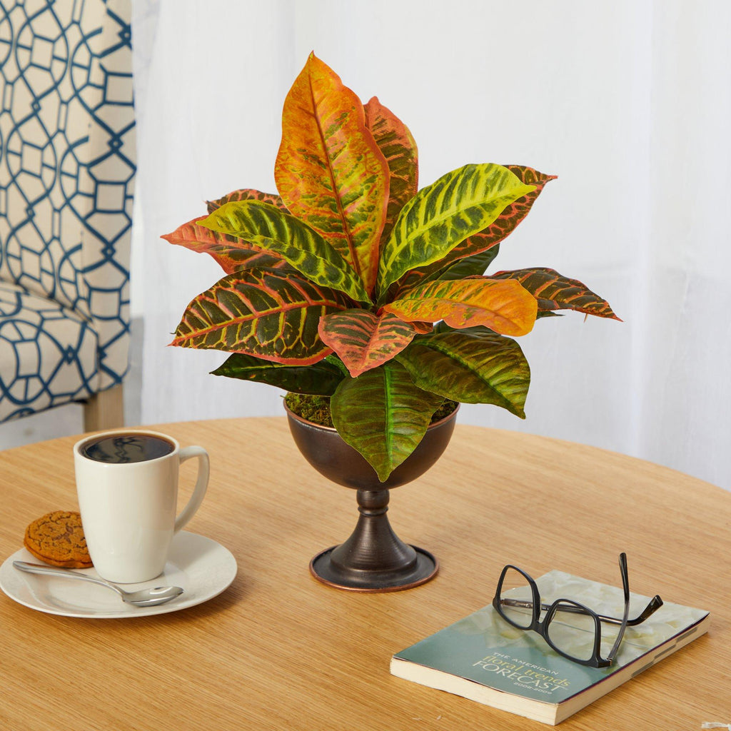 14” Garden Croton Artificial Plant in Metal Chalice (Real Touch)