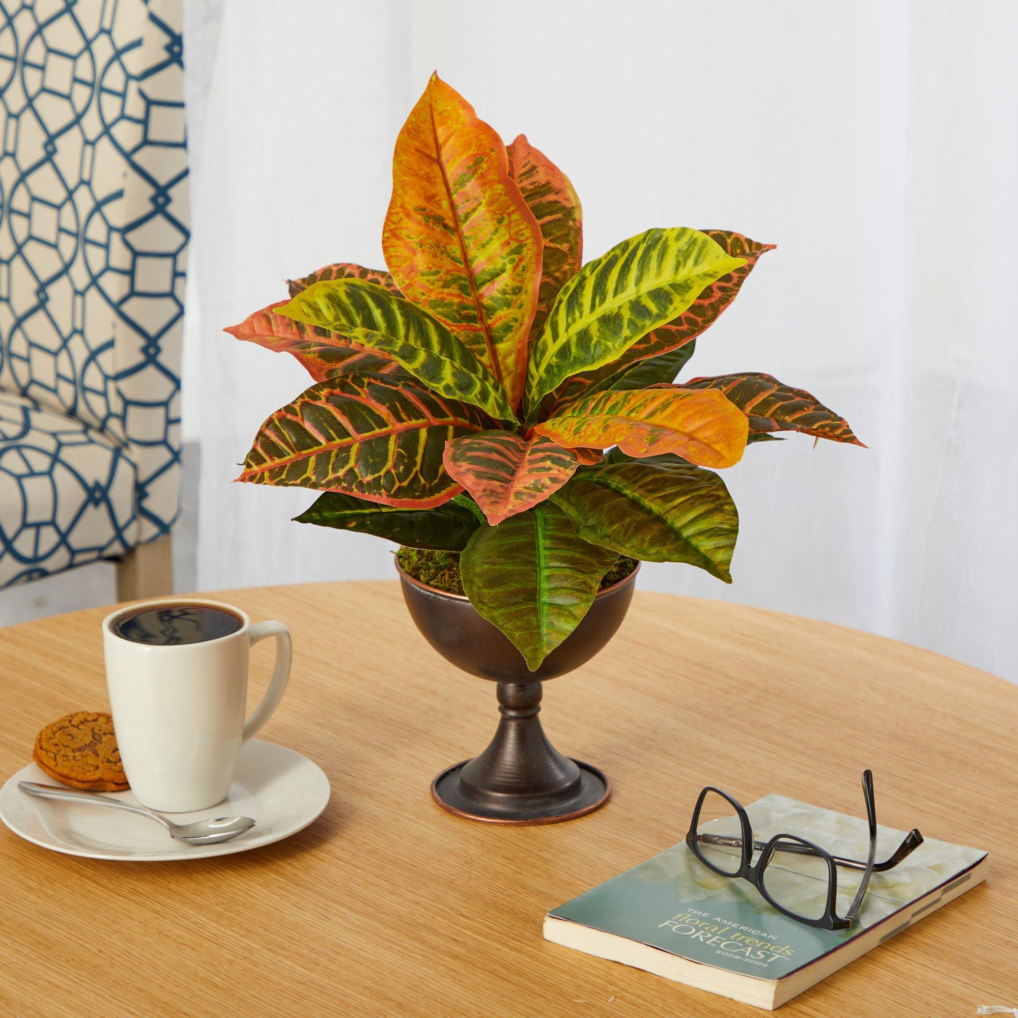 14” Garden Croton Artificial Plant in Metal Chalice (Real Touch)