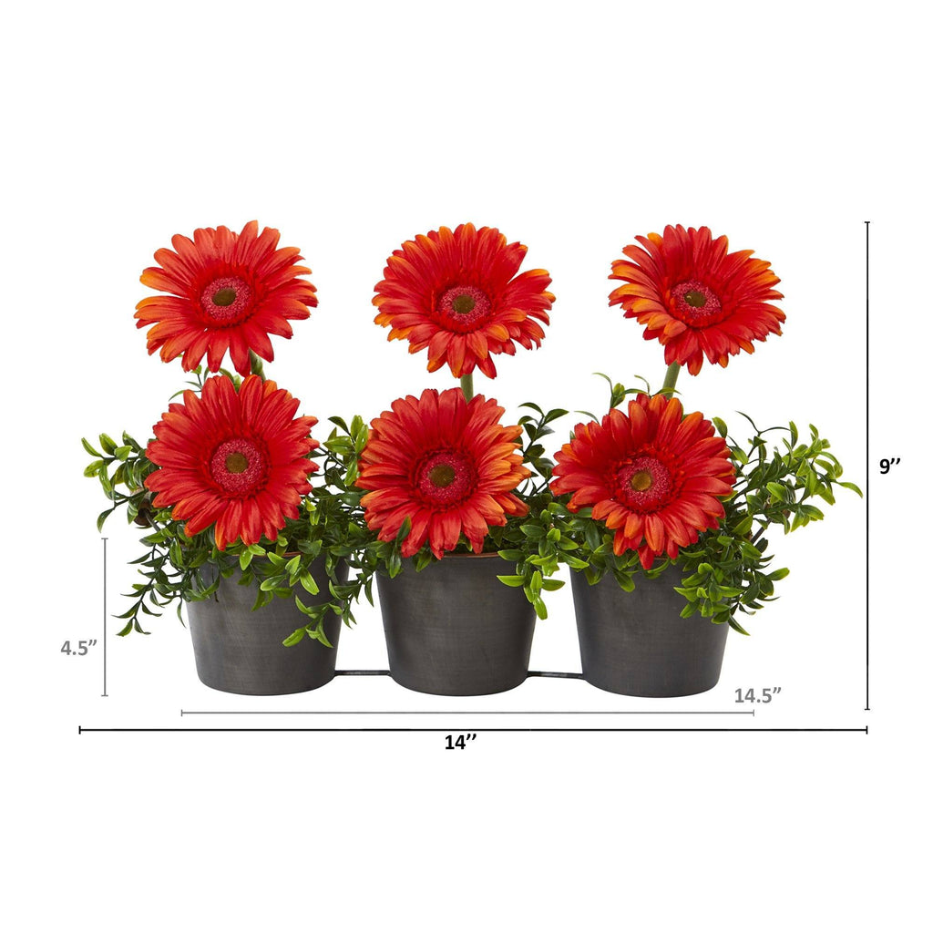 14” Gerber Daisy Artificial Arrangement in Trio Metal Vase