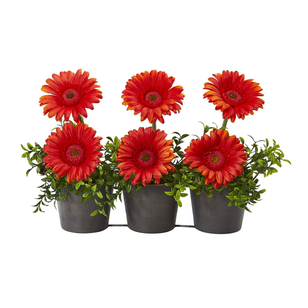 14” Gerber Daisy Artificial Arrangement in Trio Metal Vase