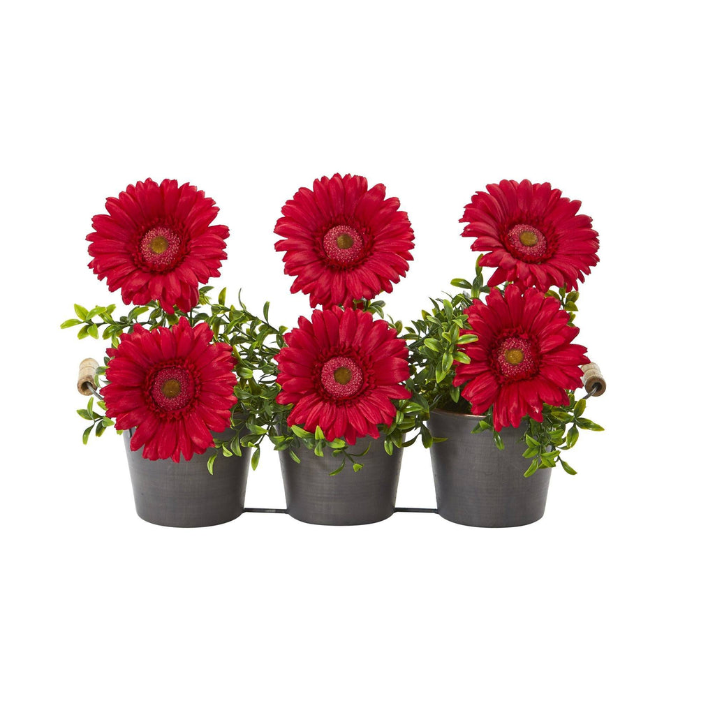 14” Gerber Daisy Artificial Arrangement in Trio Metal Vase