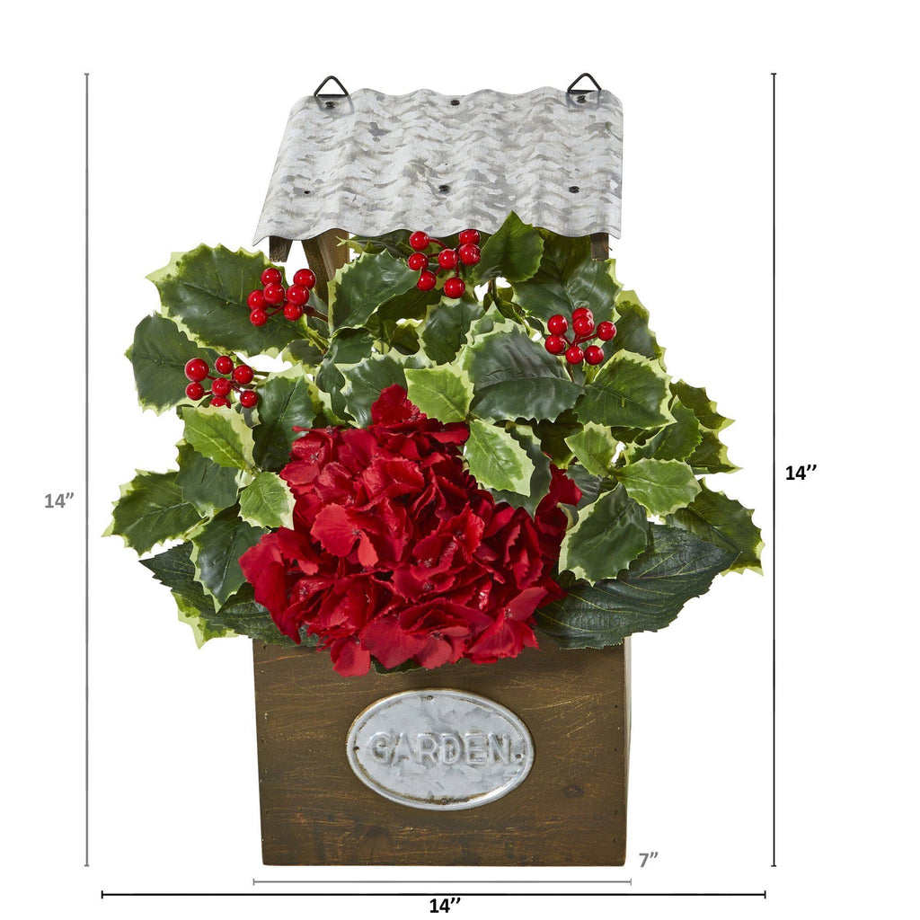 14” Hydrangea and Holly Leaf Artificial Arrangement in Tin Roof Planter