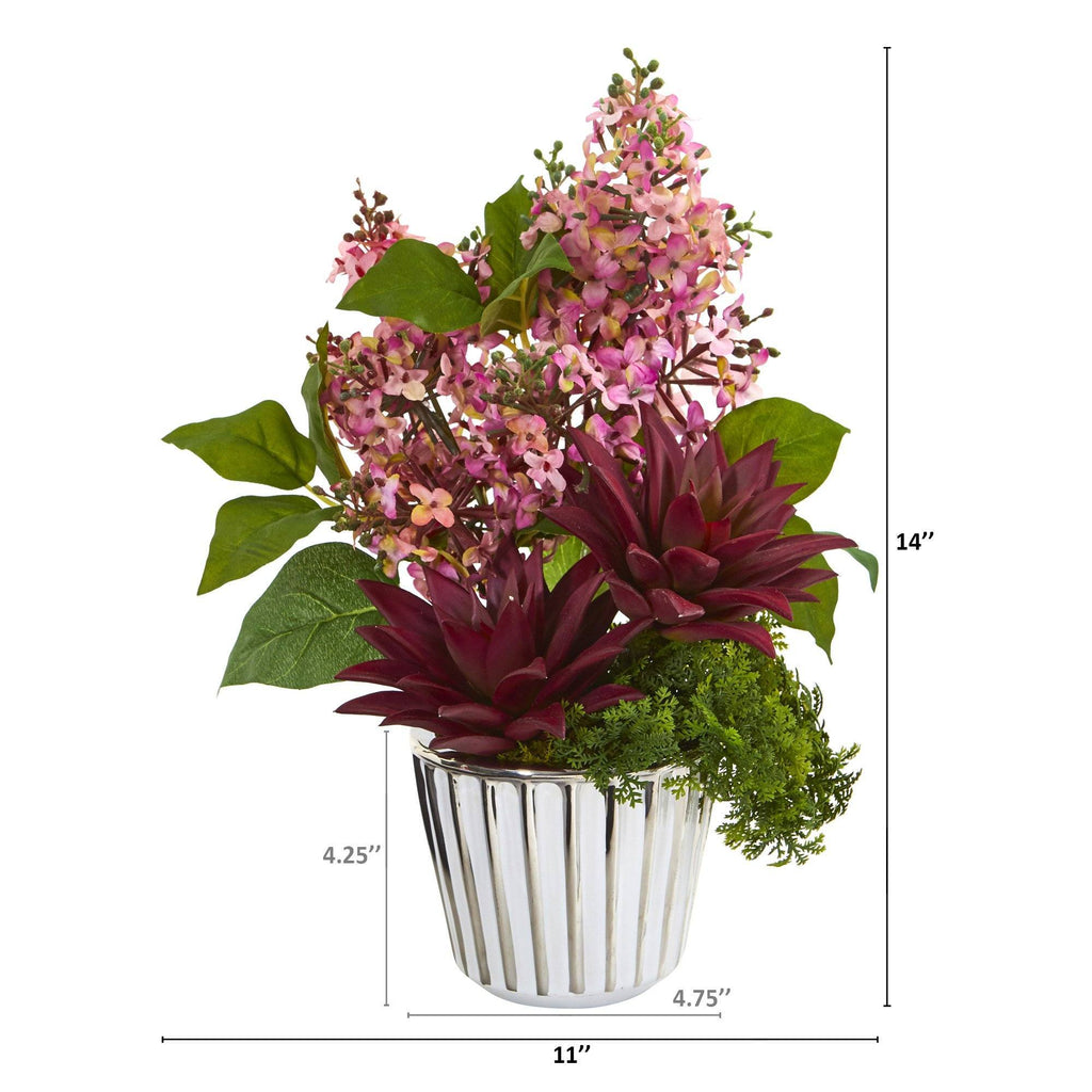 14” Lilac and Succulent Arrangement in Vase with Trimming