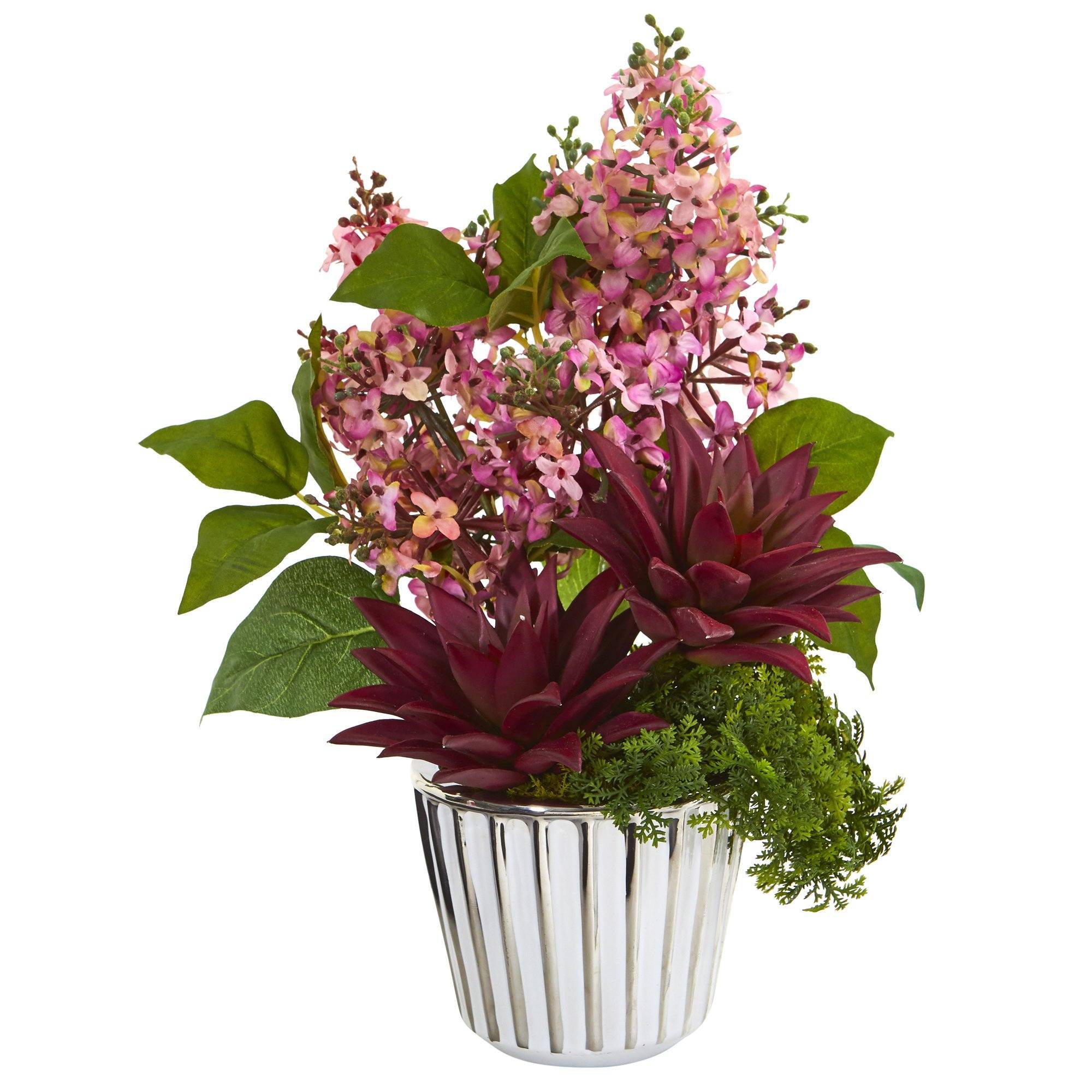 14” Lilac and Succulent Arrangement in Vase with Trimming