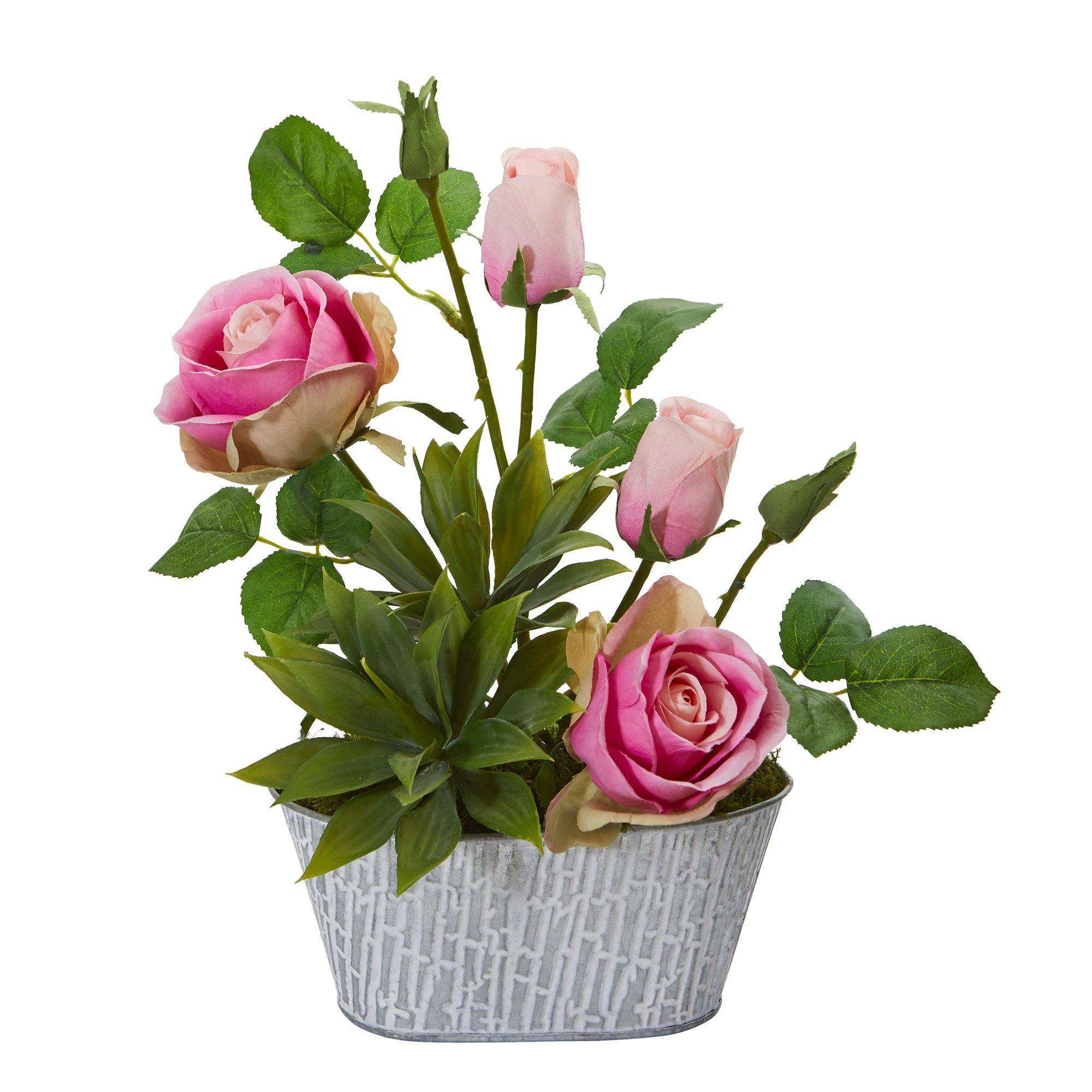 14” Rose and Agave Artificial Arrangement in White Tin Vase