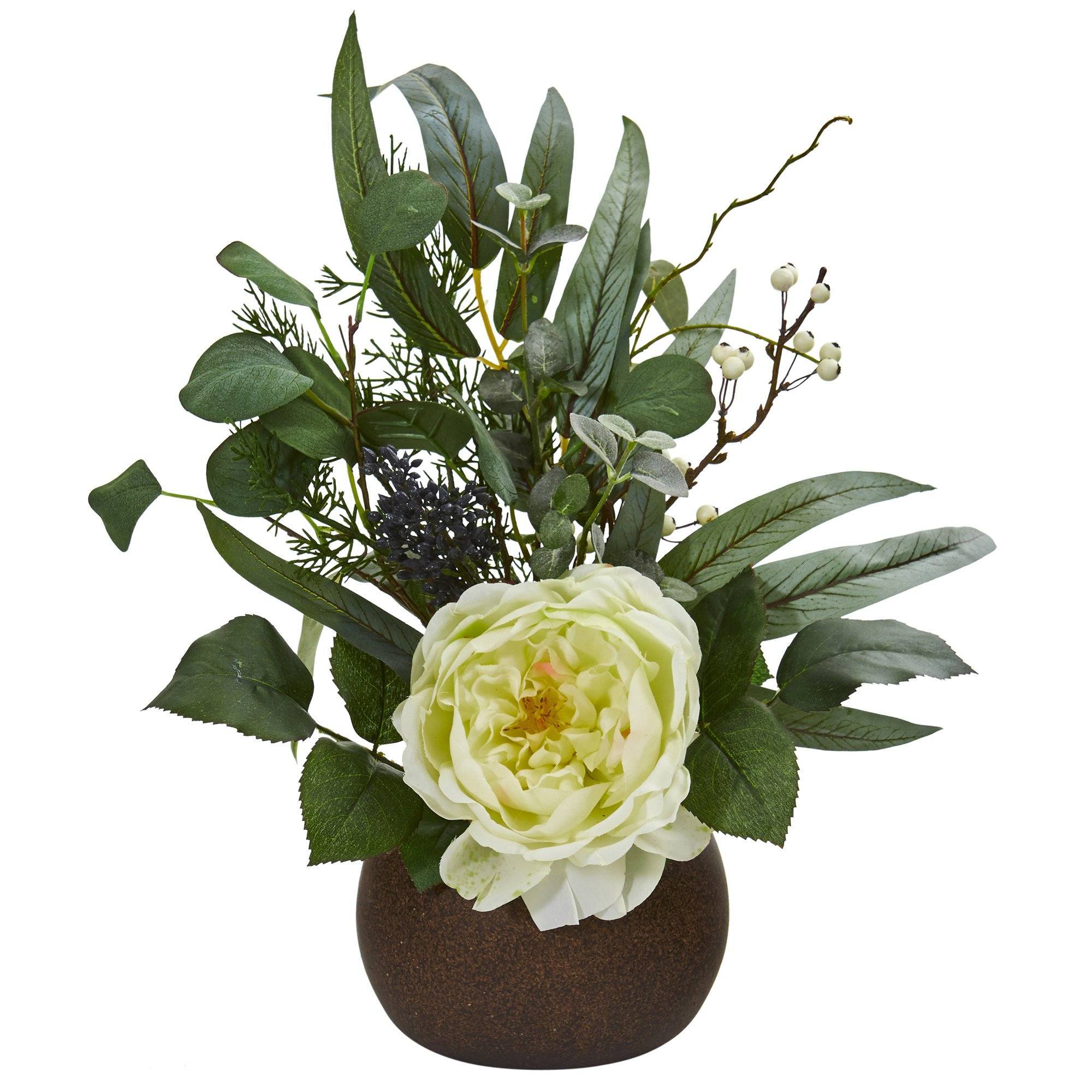 14” Rose and Eucalyptus Artificial Arrangement in Stone Brown Vase