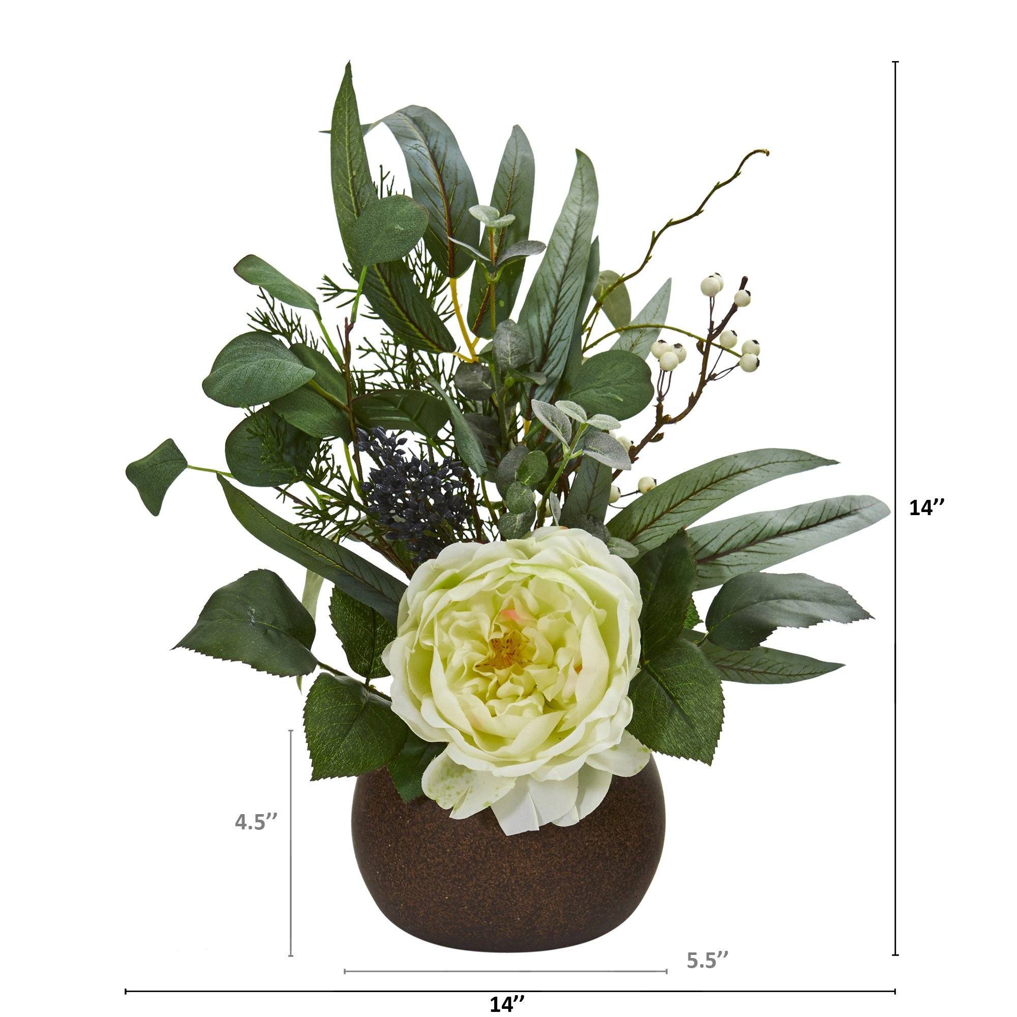 14” Rose and Eucalyptus Artificial Arrangement in Stone Brown Vase