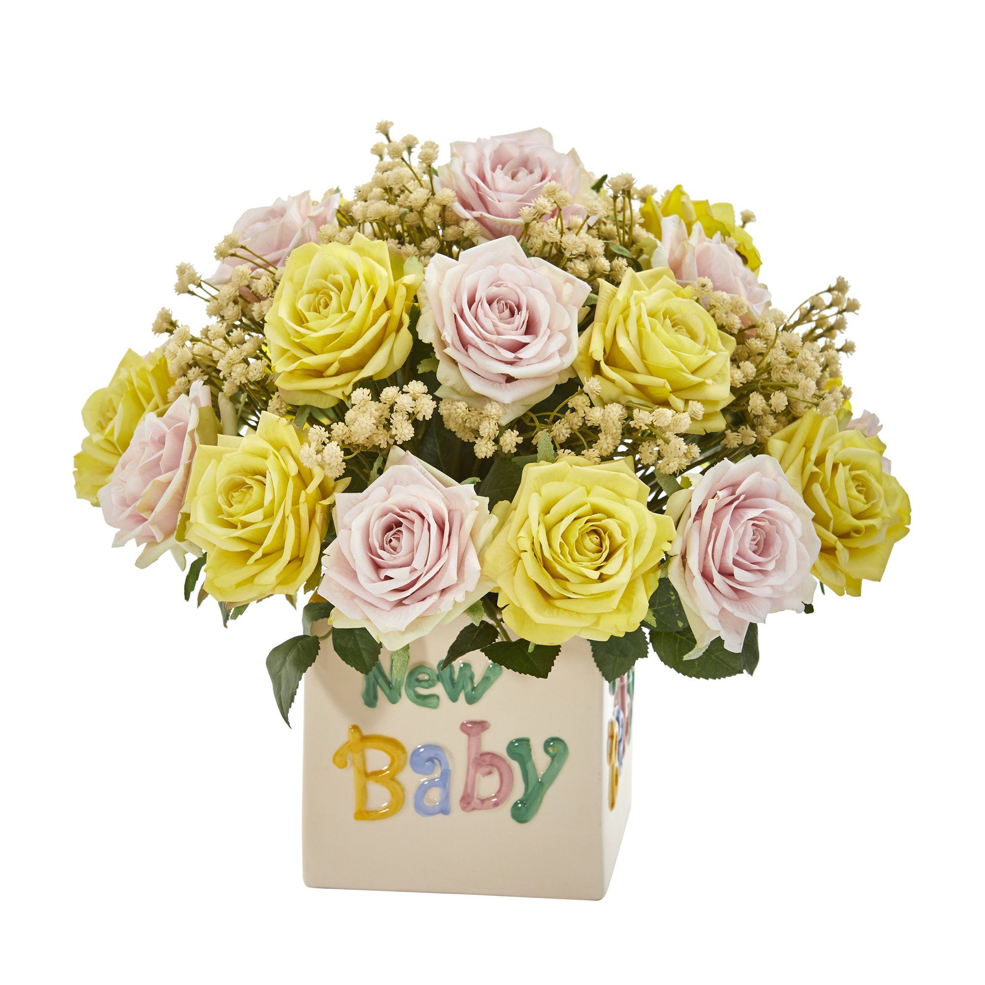 14” Rose and Gypsophillia Artificial Arrangement in “New Baby” Vase