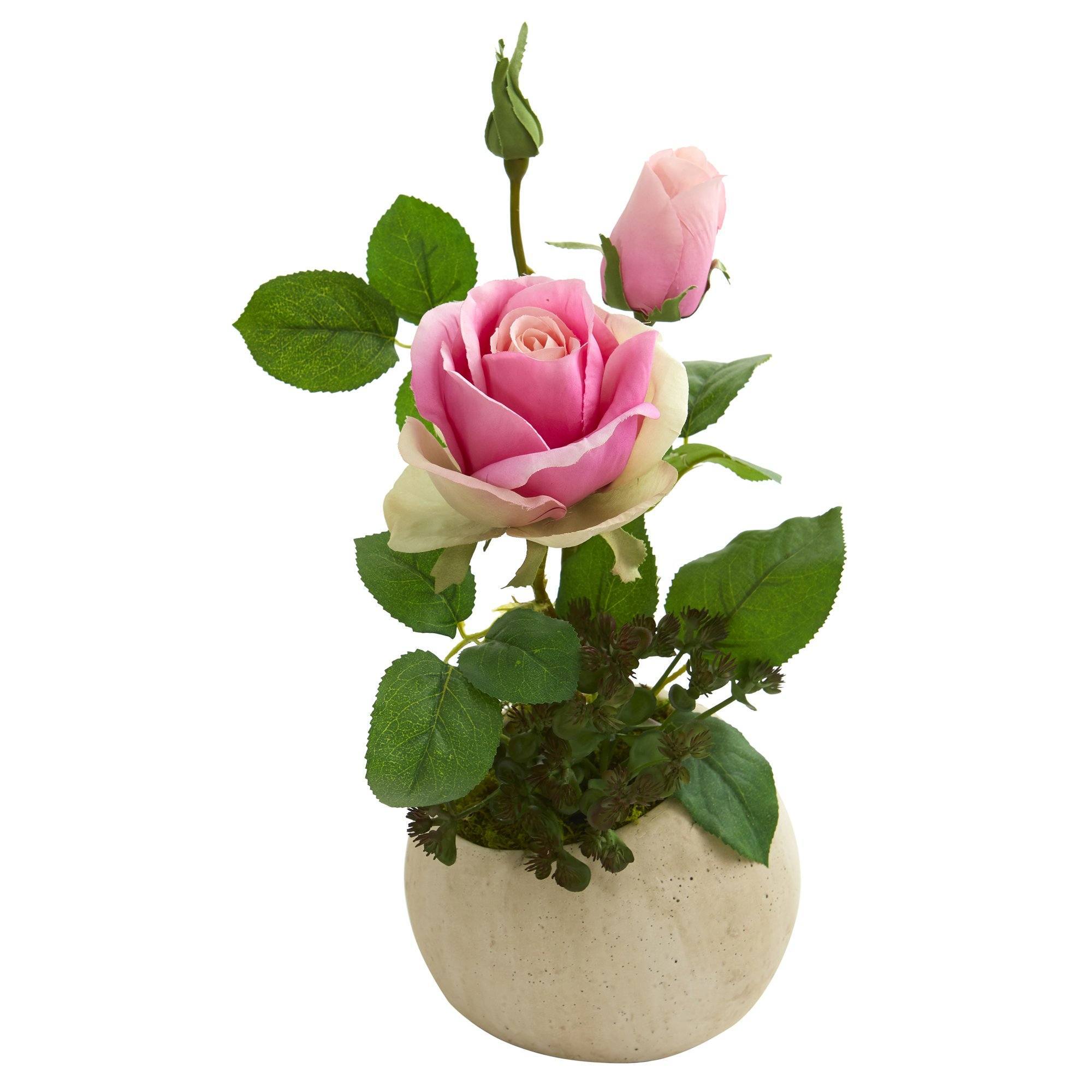 14” Rose and Sedum Succulent Artificial Arrangement in Stone Gray Vase