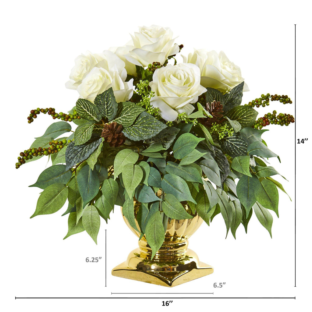 14” Rose Artificial Arrangement in Gold Urn