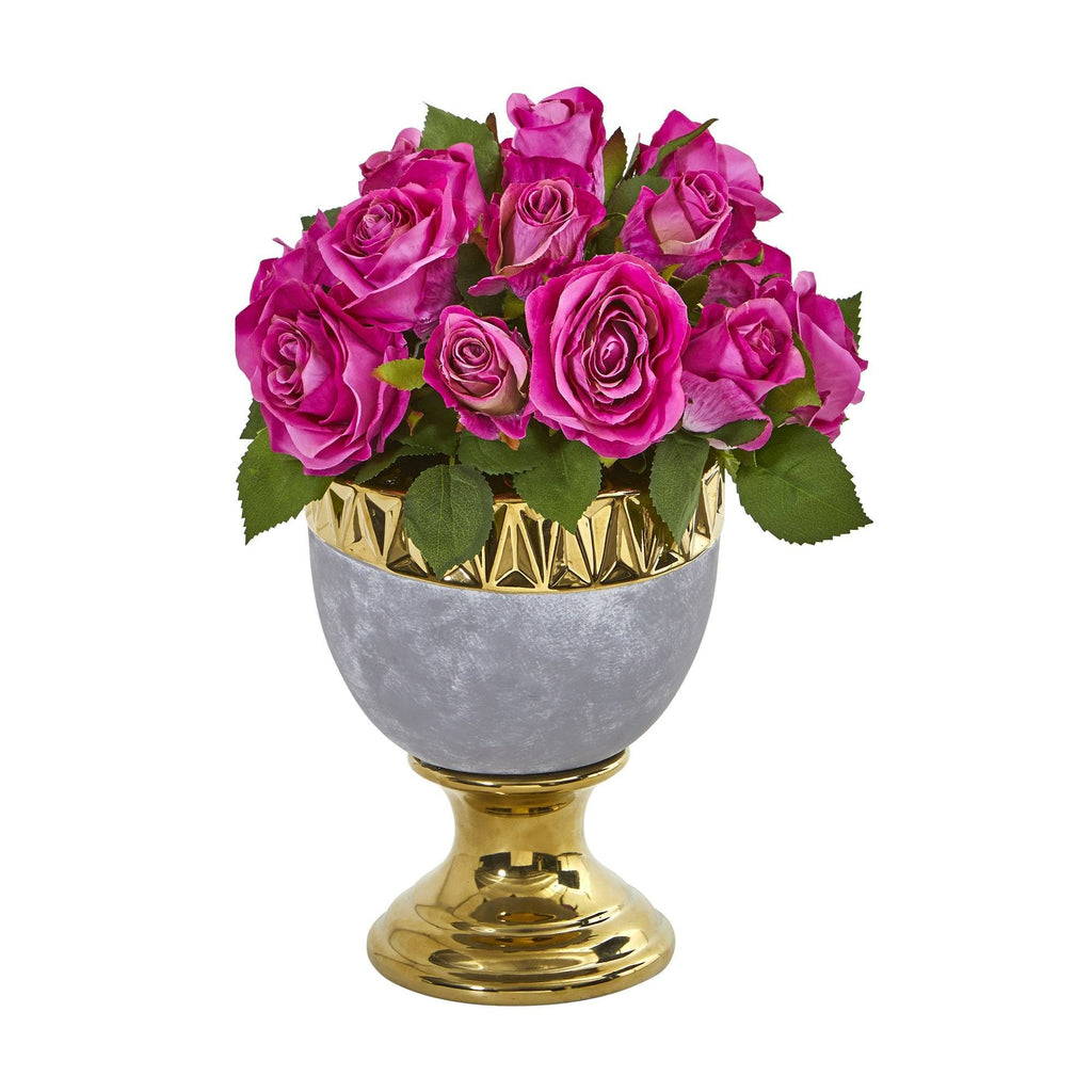14” Rose Artificial Arrangement in Urn with Gold Trimming