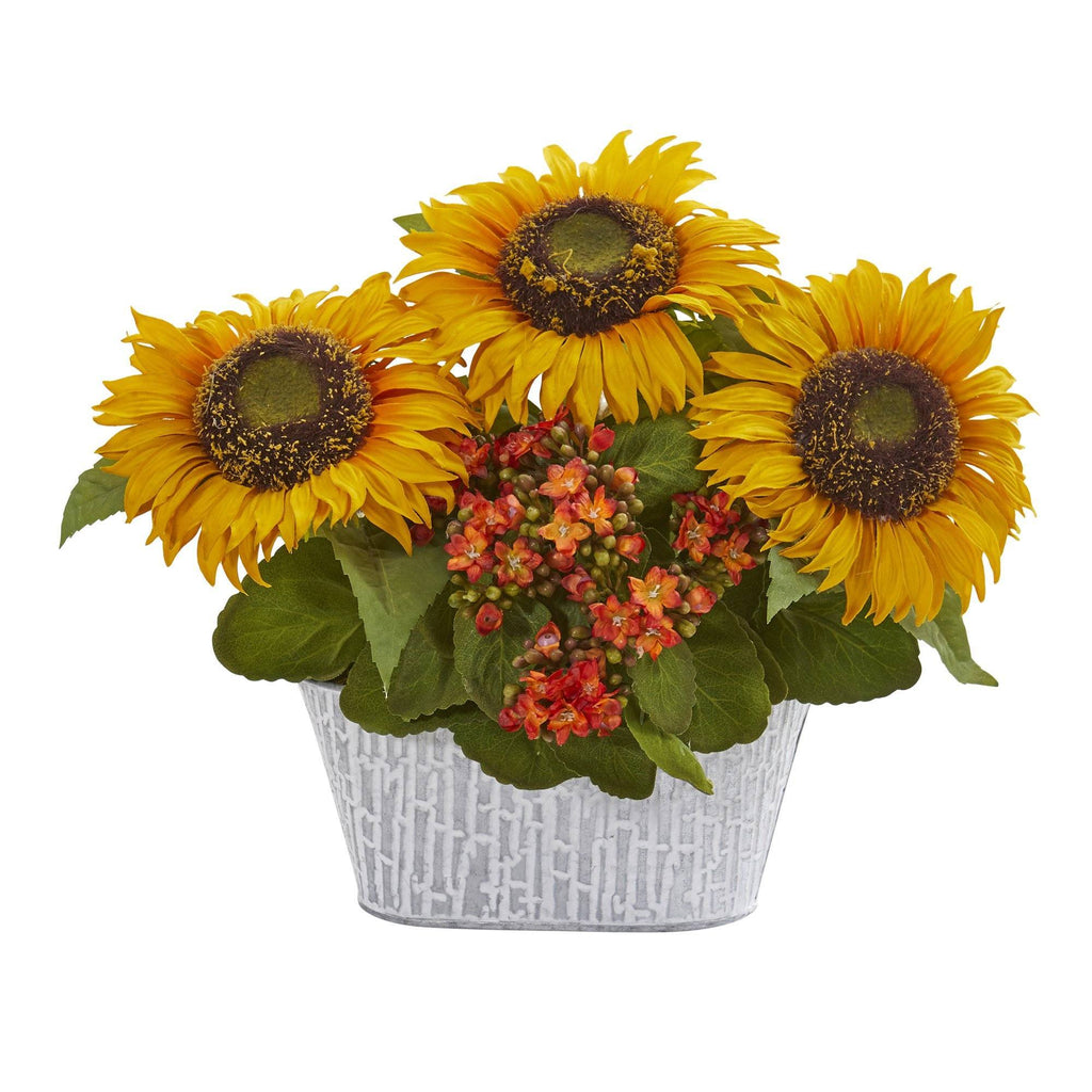 14” Sunflower and Kalanchoe Artificial Arrangement in White Tin Vase