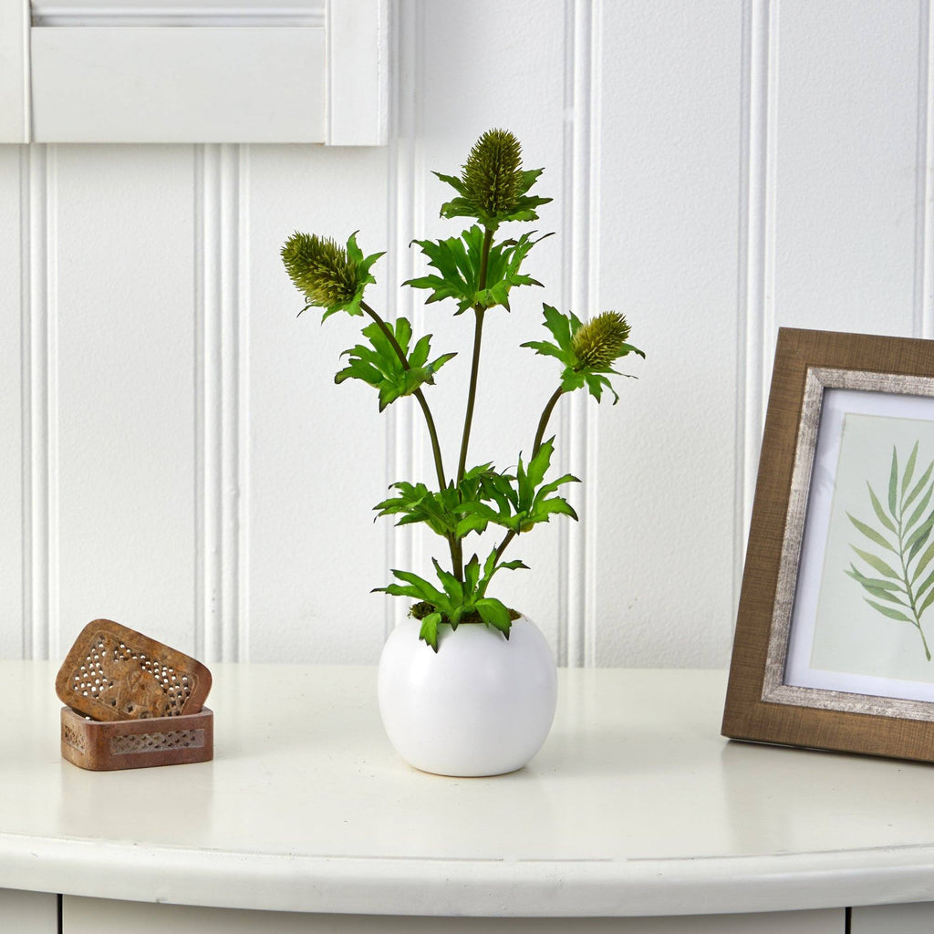 14” Thistle Artificial Arrangement in White Vase