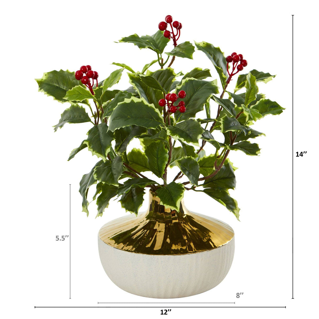 14” Variegated Holly Leaf Artificial Plant in Gold and Cream Elegant Vase (Real Touch)