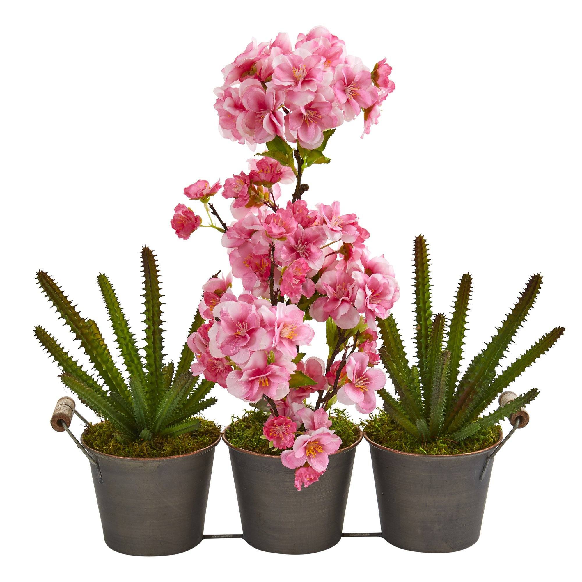 15” Cherry Blossom and Cactus Artificial Arrangement in Trio Metal Vase